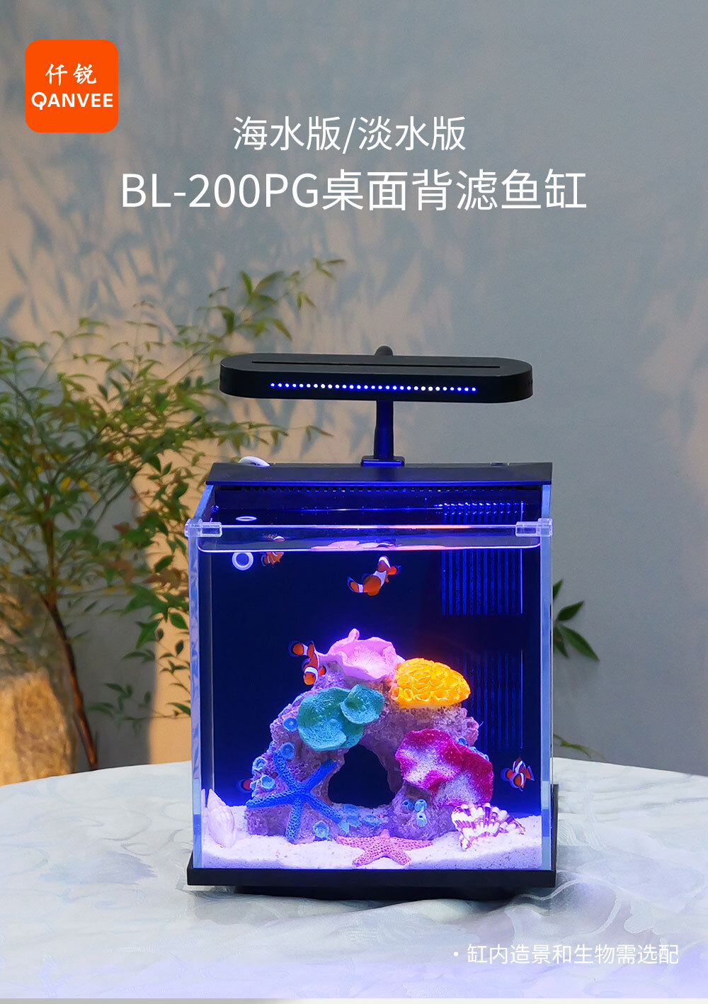 仟銳 BL200 桌上型 超白玻璃 背濾海水缸 桌面魚缸 檢疫缸