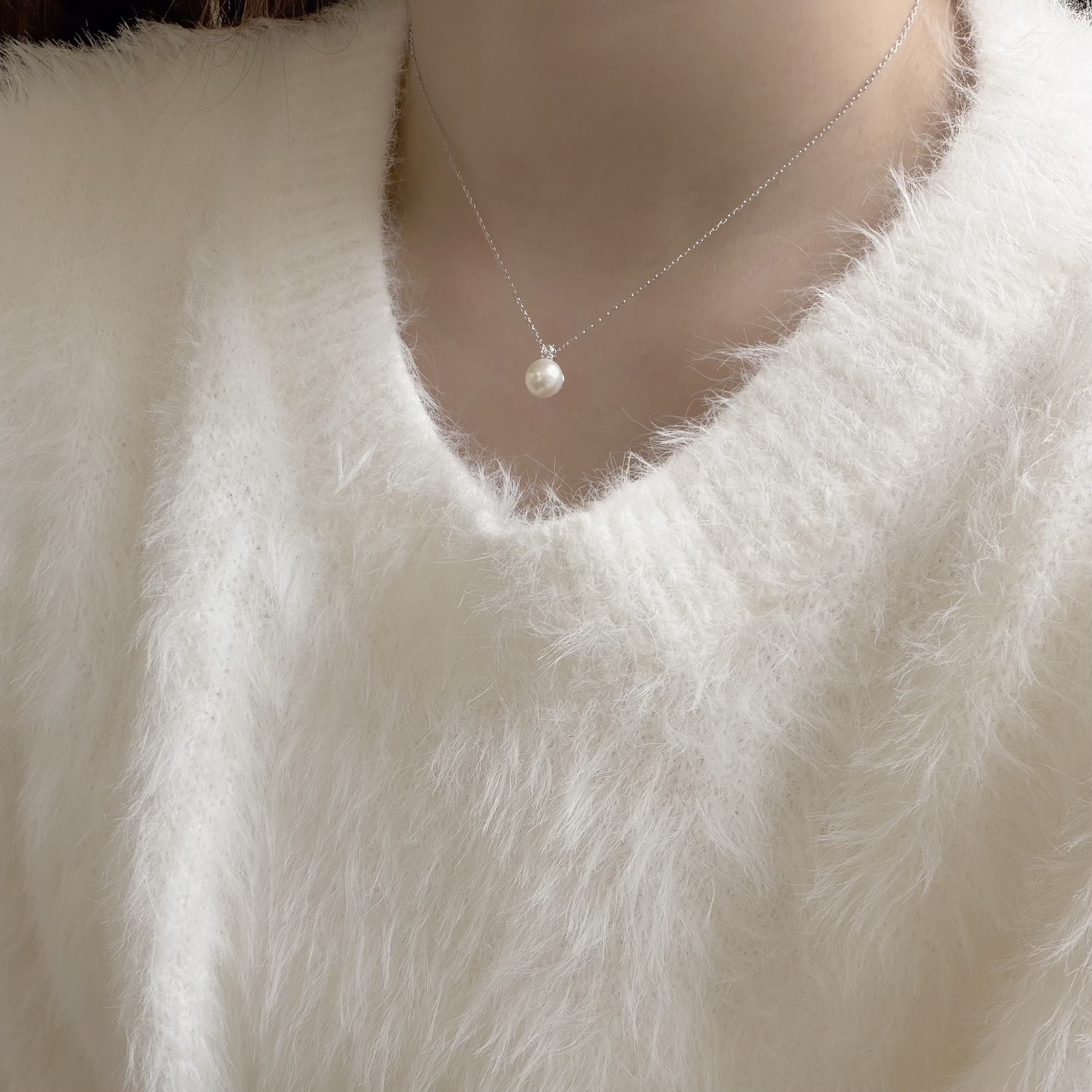 Y444【輕奢】小單鑽珍珠純銀鎖骨鏈