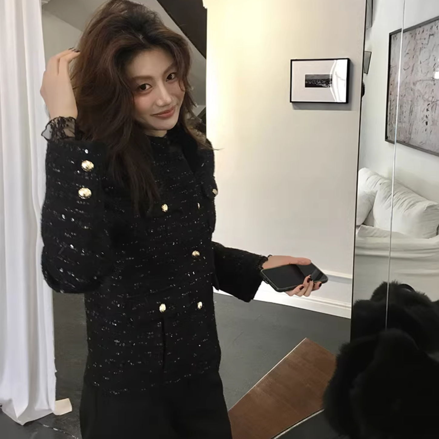 經典黑小香風織紋感圓領排釦外套-S-L (Elegant & Love)