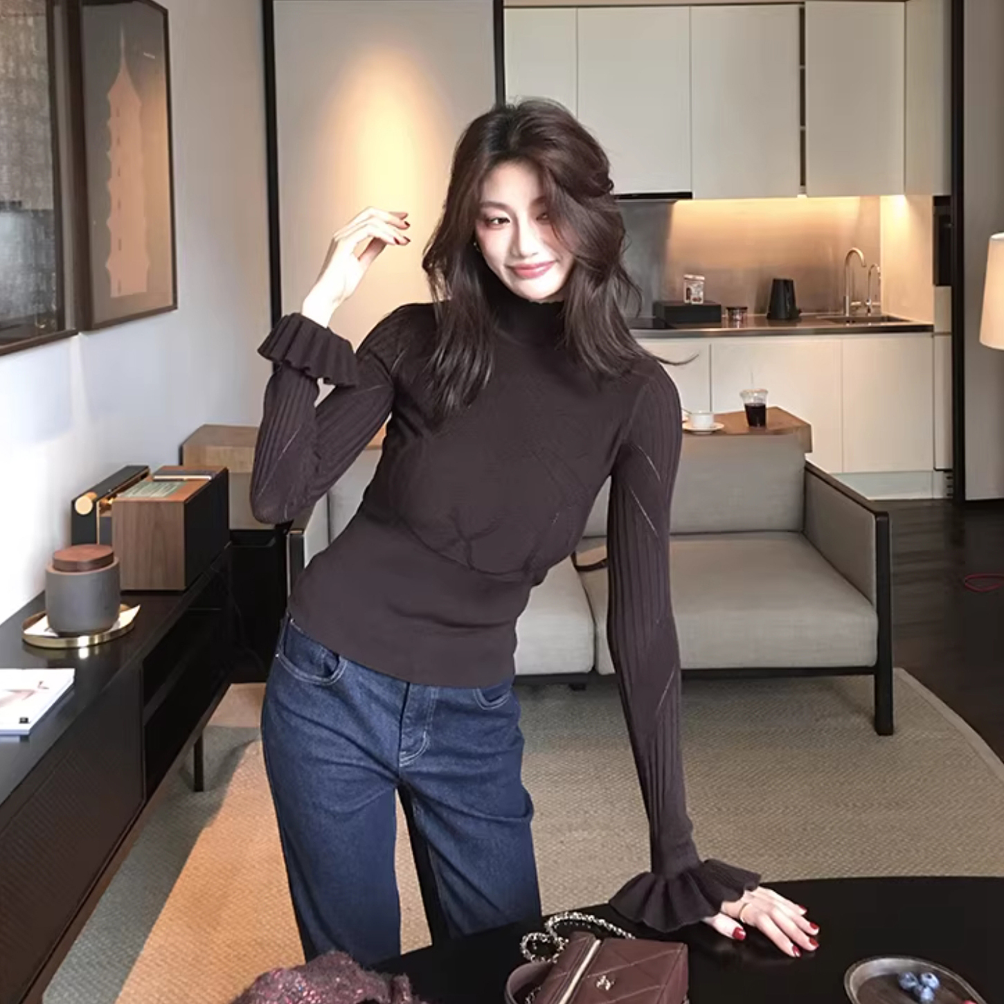 浪漫荷葉袖滾邊造型立領螺紋上衣-S-XL / 2色 (Elegant & Love)