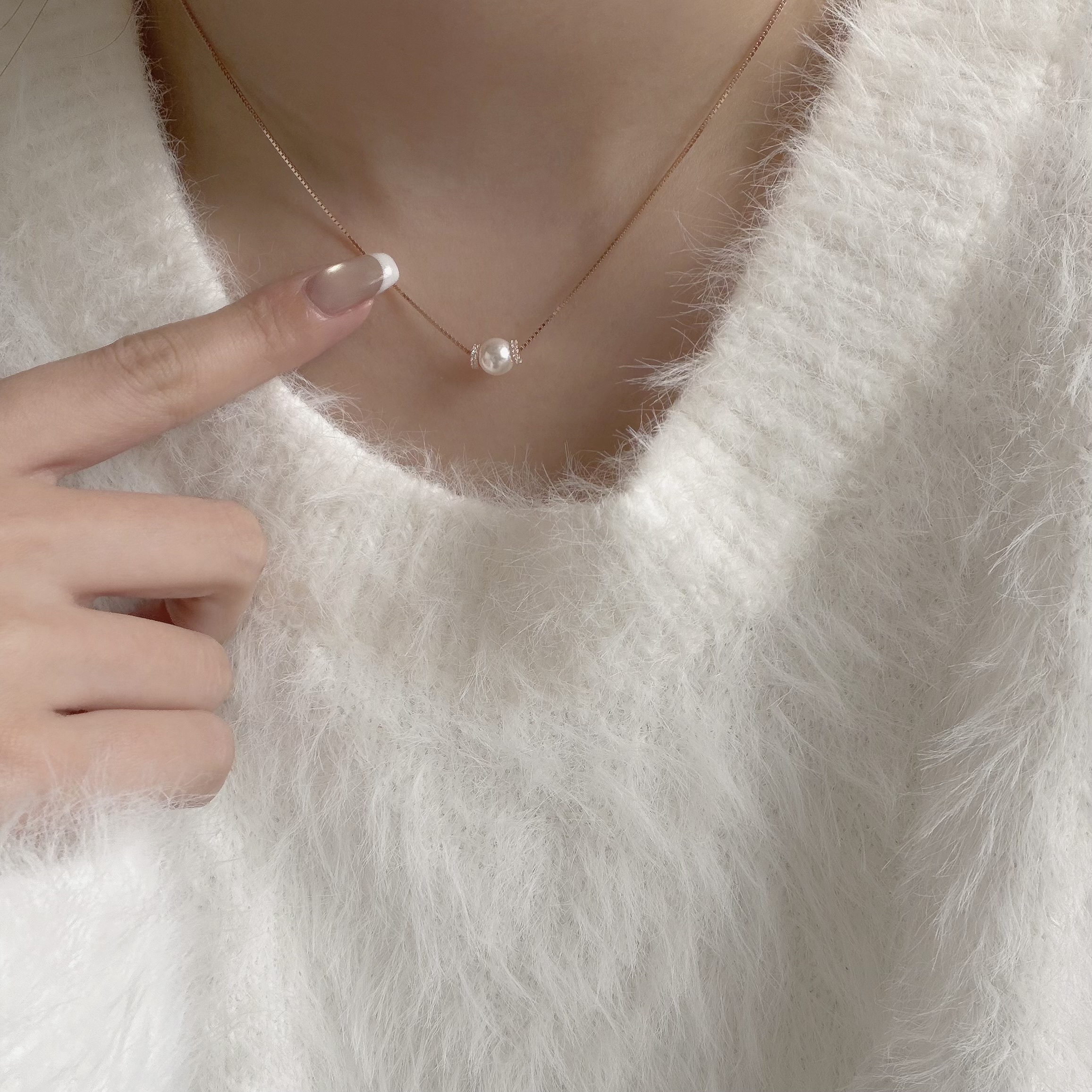 Y327【輕奢】珍珠排鑽圓圈純銀鎖骨鏈