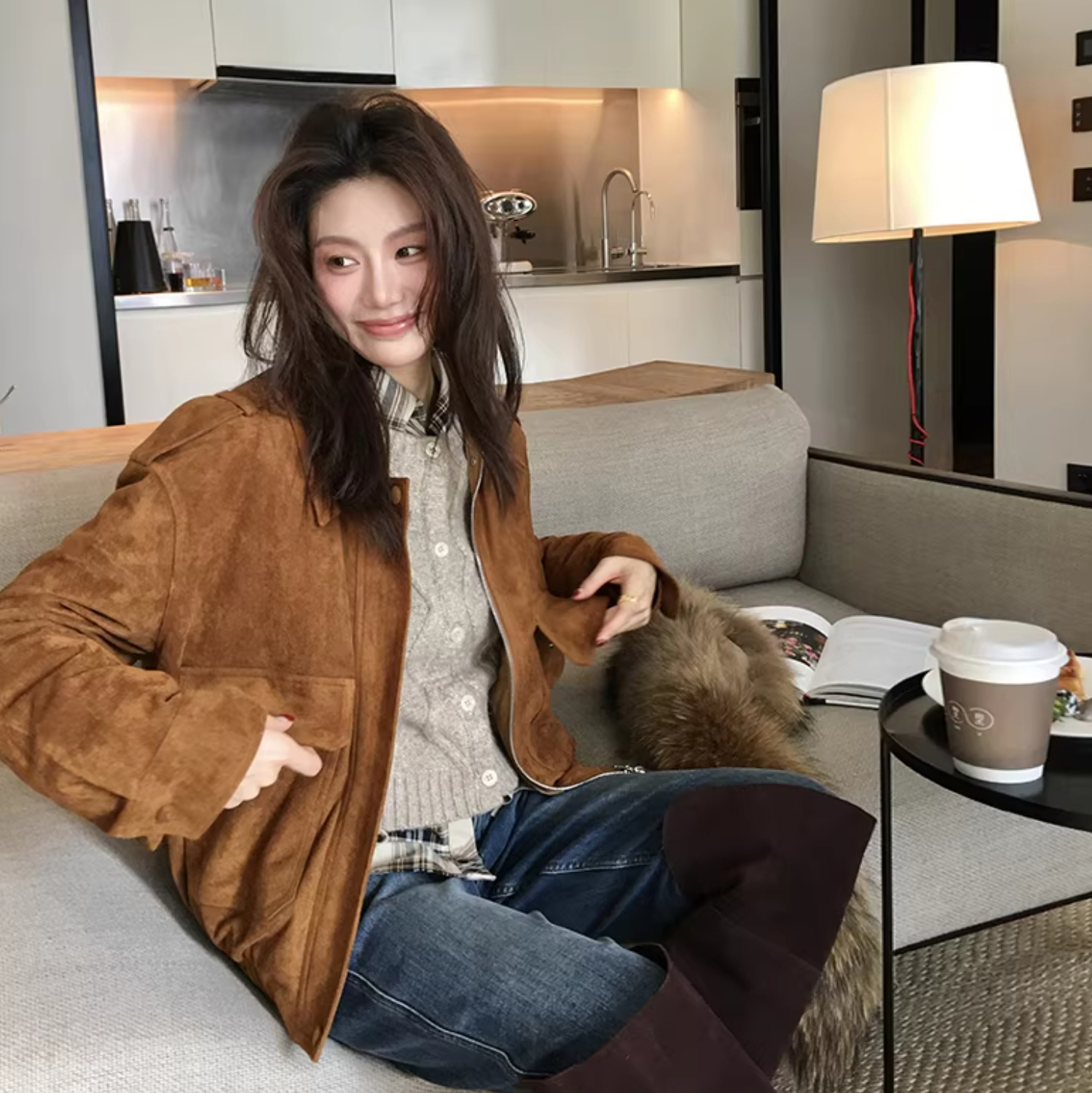 時髦女子焦糖駝麂皮雙口袋縮腰外套-S-L (Elegant & Love)