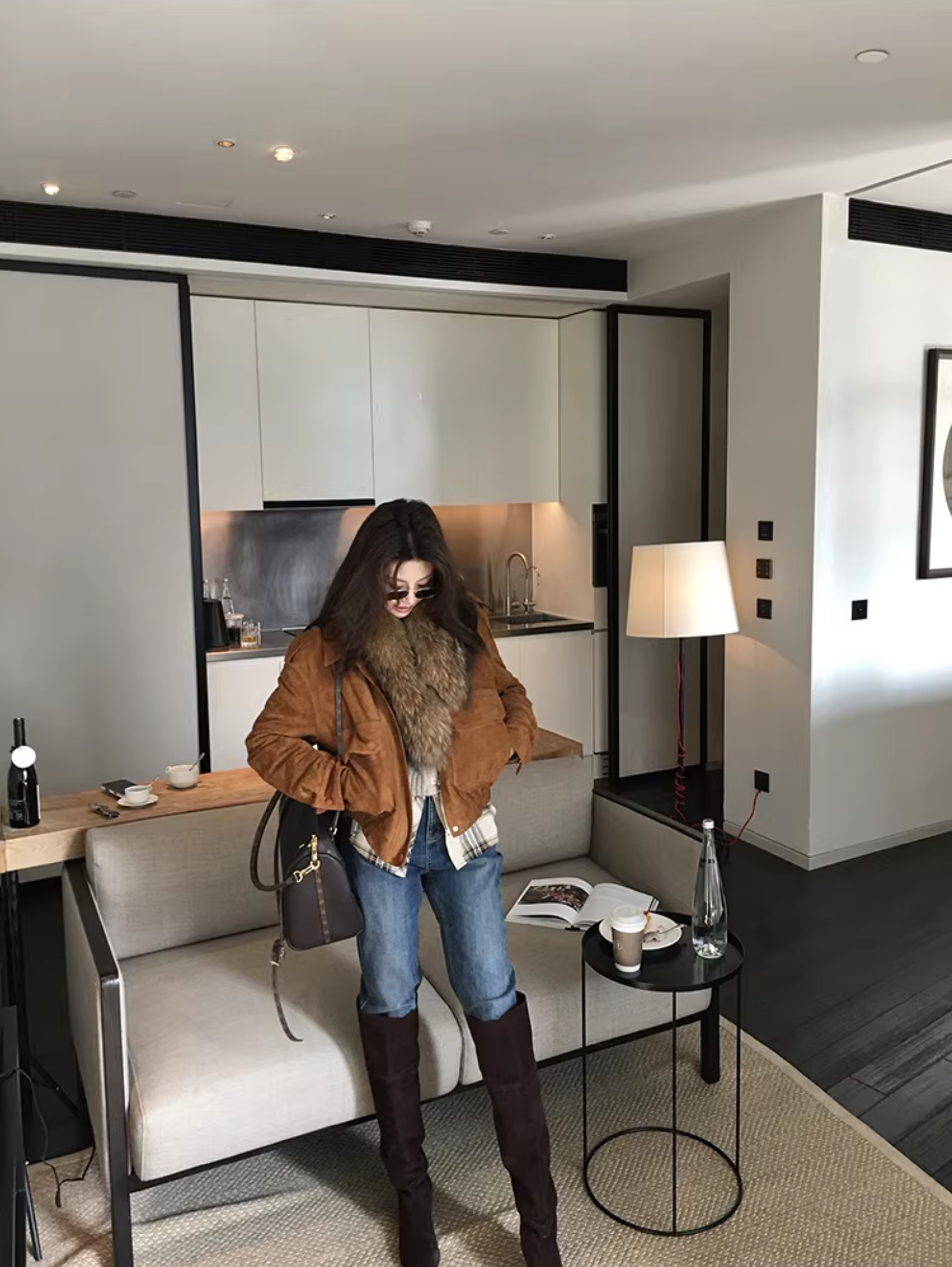 時髦女子焦糖駝麂皮雙口袋縮腰外套-S-L (Elegant & Love)