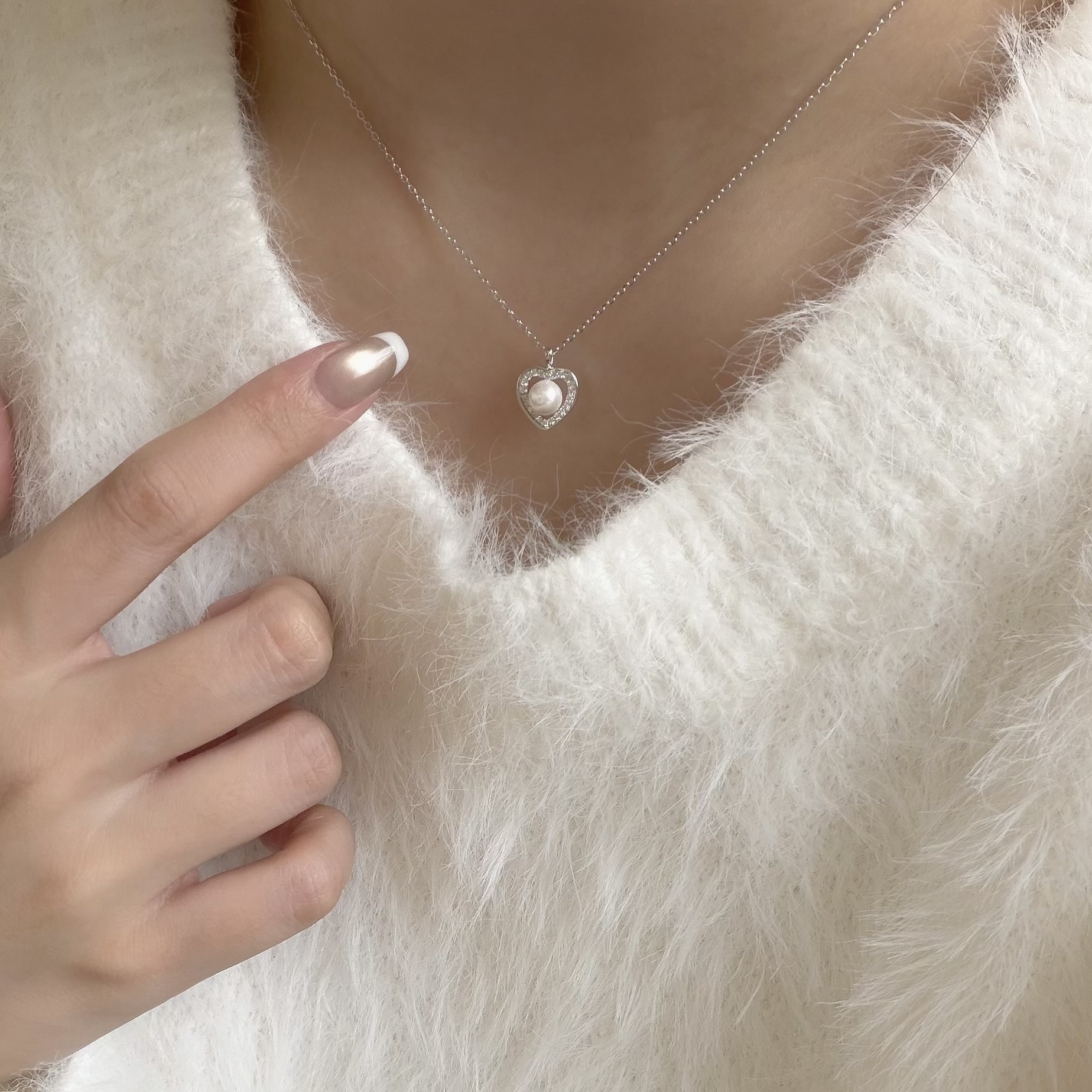 Y326【輕奢】排鑽愛心珍珠純銀鎖骨鏈