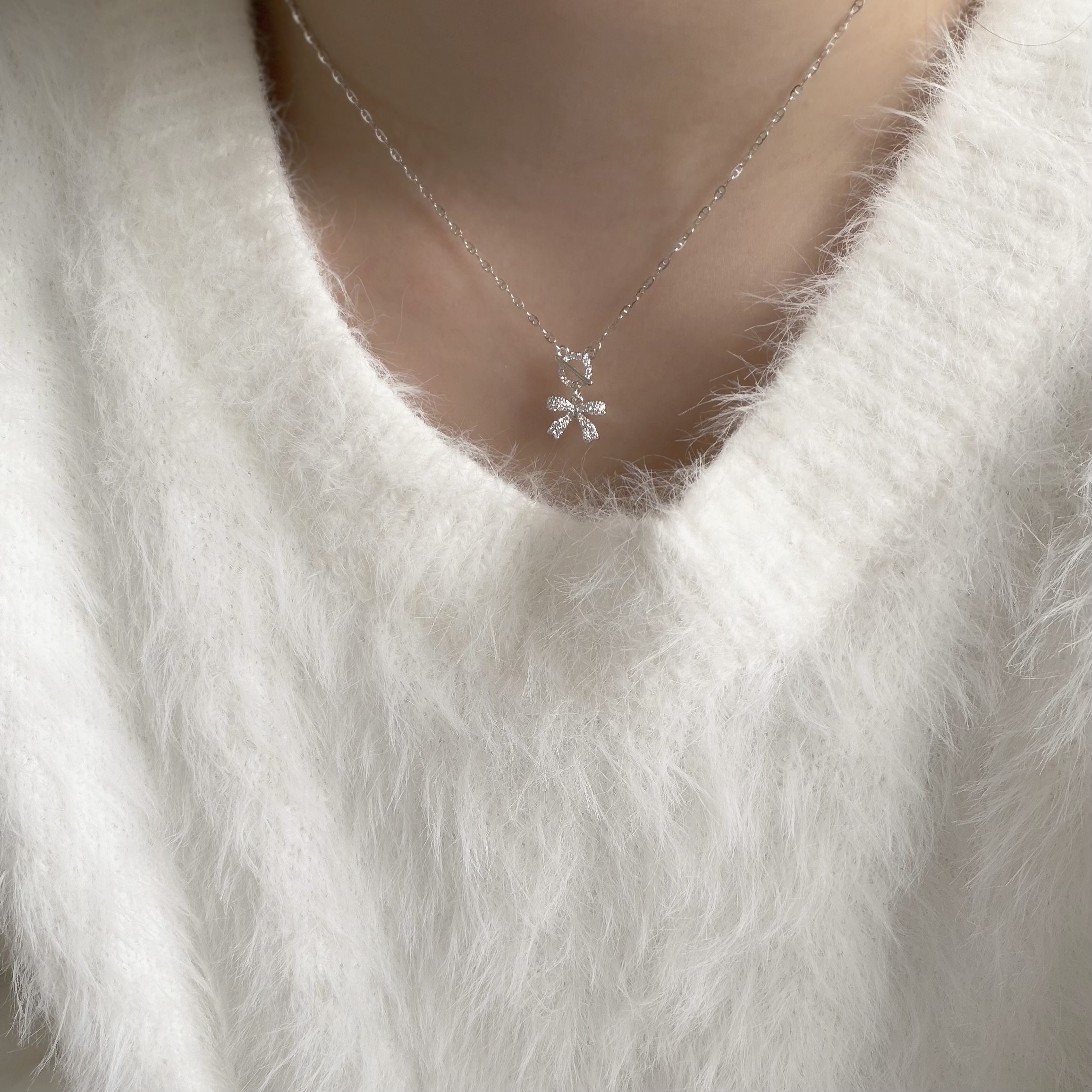 M161【輕奢】排鑽蝴蝶結OT扣純銀鎖骨鏈