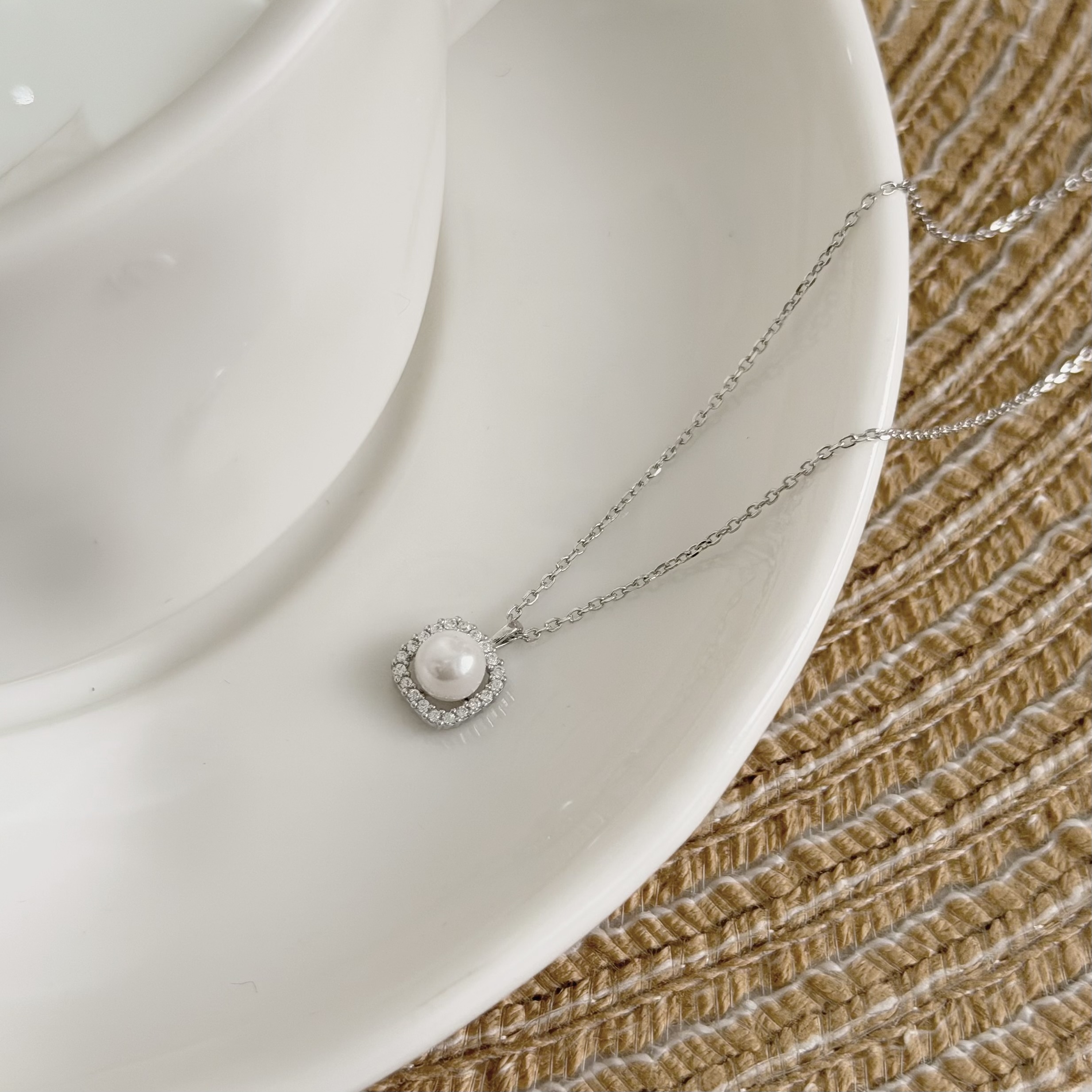 V154【輕奢】排鑽方形珍珠純銀鎖骨鏈