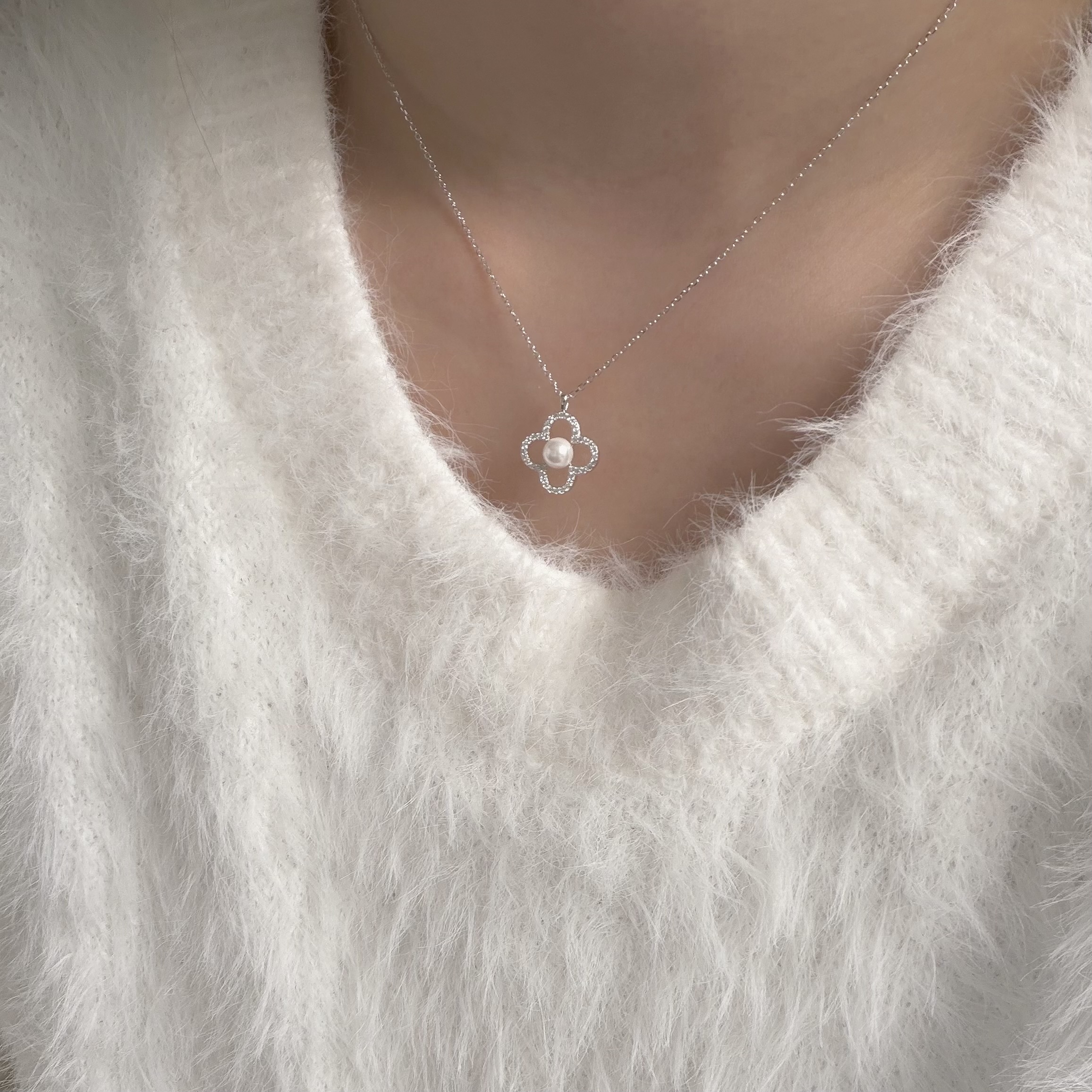 K19【輕奢】排鑽四葉草珍珠純銀鎖骨鏈