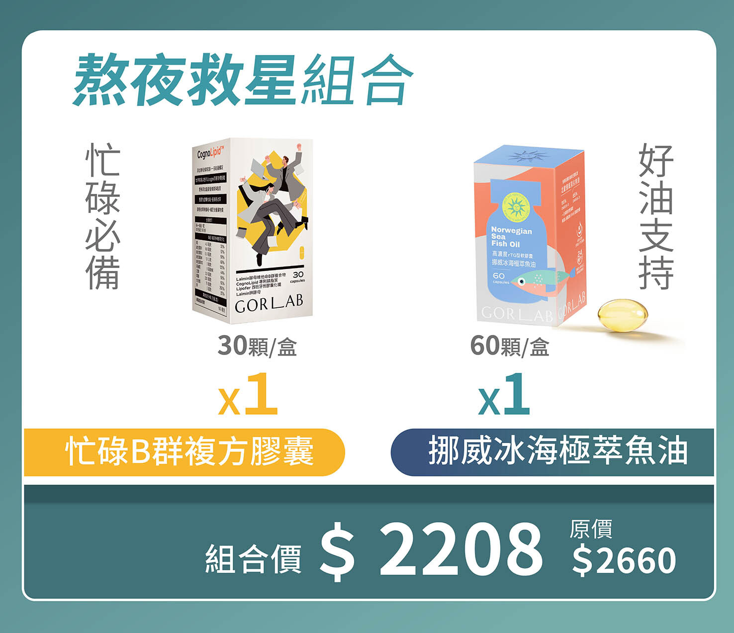【萱團購】熬夜救星組合(今日B群複方膠囊1盒+挪威冰海極萃魚油1盒)
