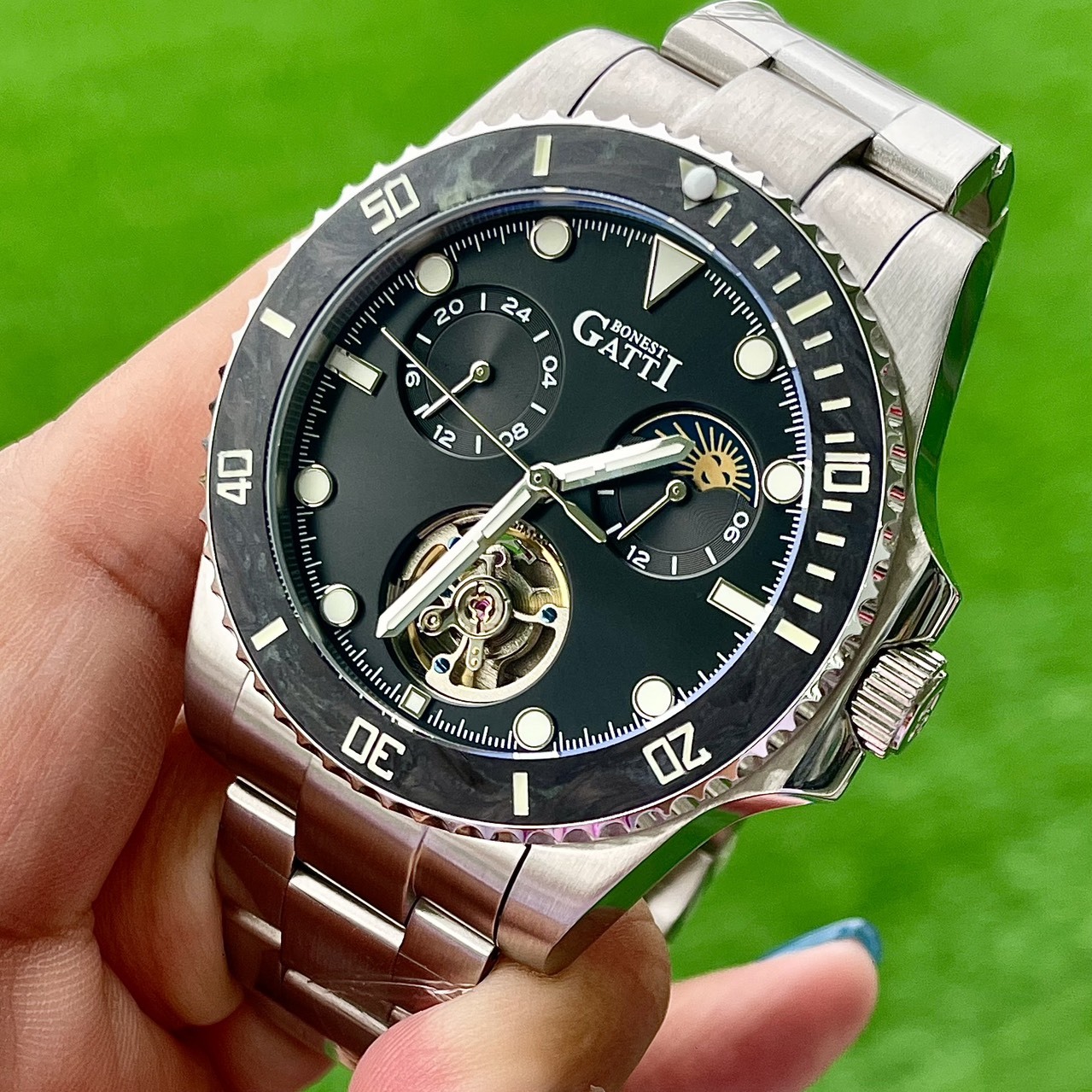 【Bonest Gatti 布加迪】超越潛航系列 BG8003 真兩眼 雙面鏤空 日月星辰 夜光 碳纖維 機械錶