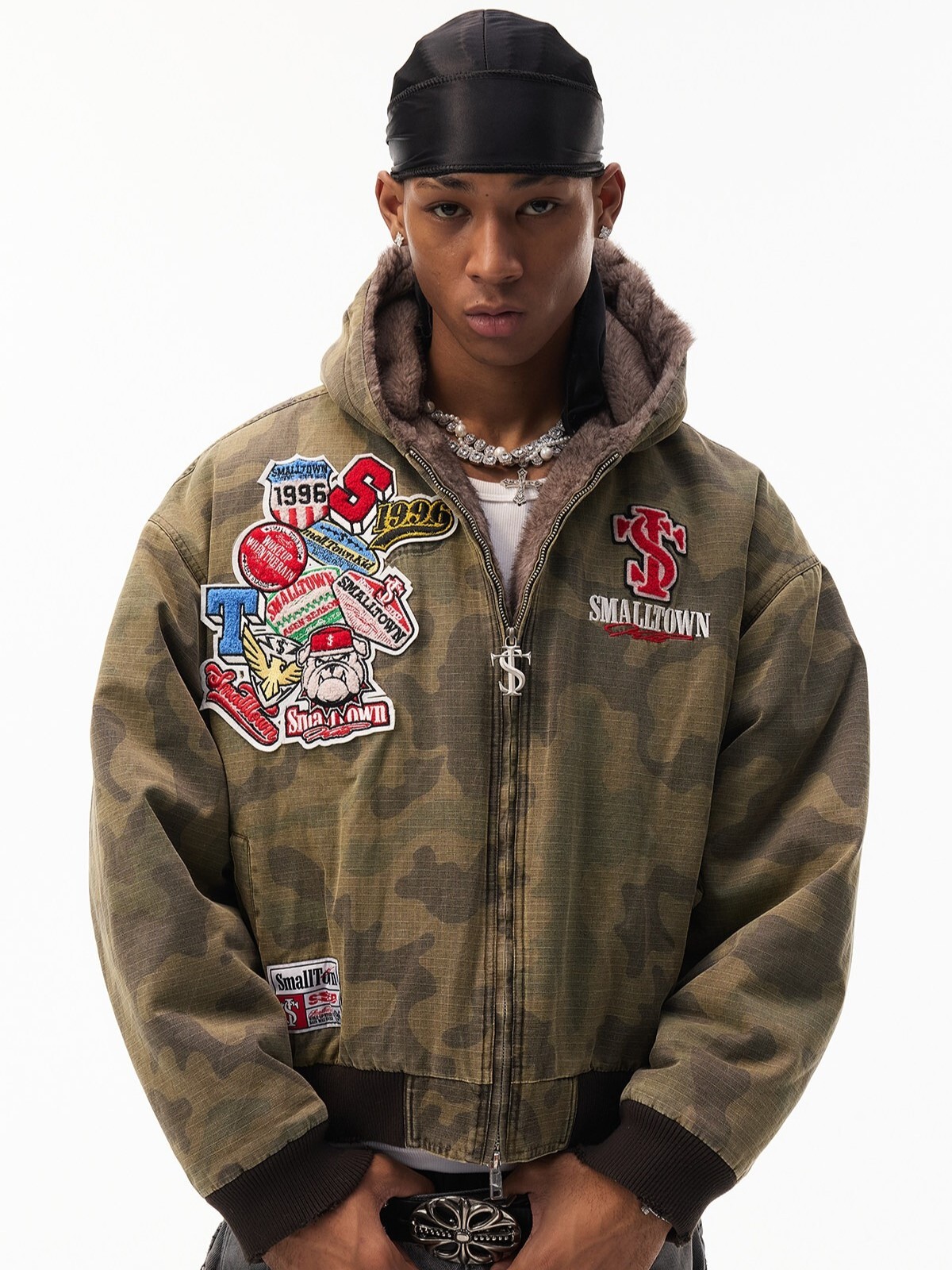 STK SmallTownKid 美式刺繡貼布 內裡毛絨 迷彩連帽外套