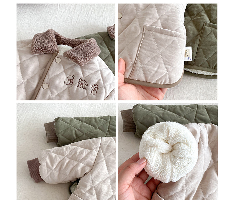 【H0130】可愛刺繡小圖毛毛領厚夾棉毛絨排釦外套(73-120)