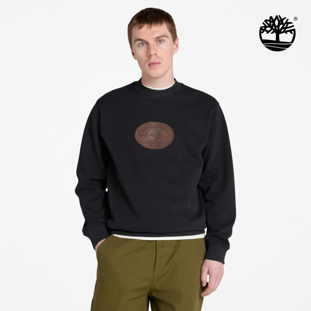 Timberland - 男裝黑色皮革徽章圓領長袖上衣 TB0A6NCQ0011