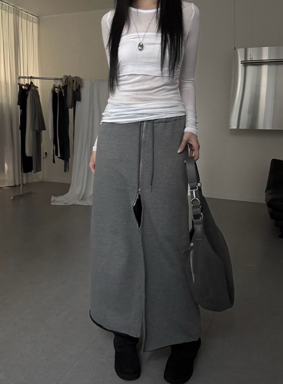拉鍊前開岔厚棉長裙