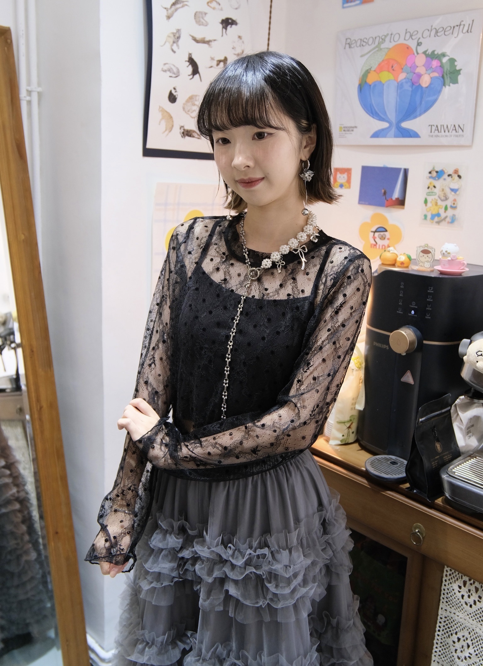 [現貨]Vol.140 lace波點圓領top (Black)