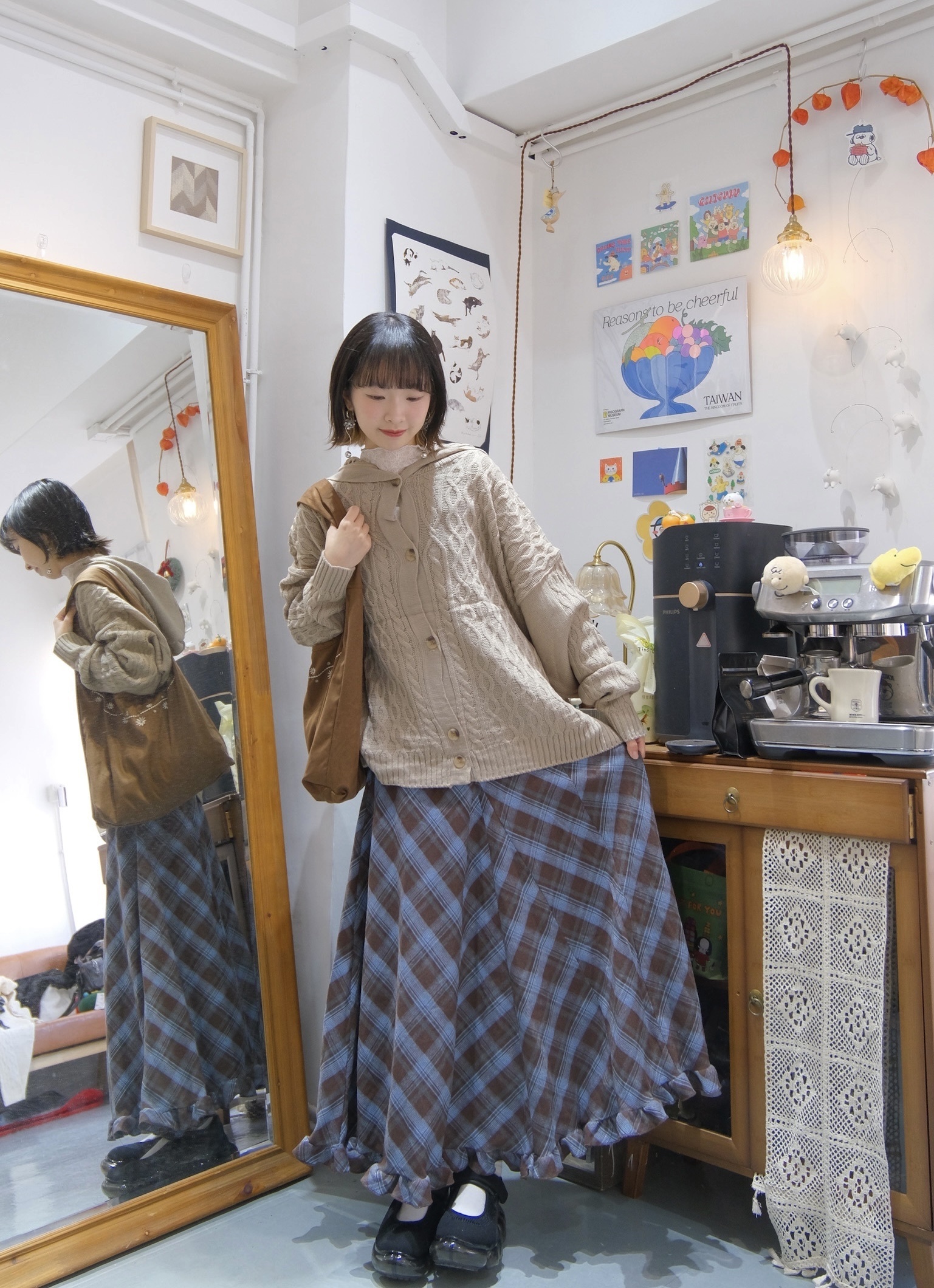 [兩色入]格仔斜紋ruffle SK(Brown)