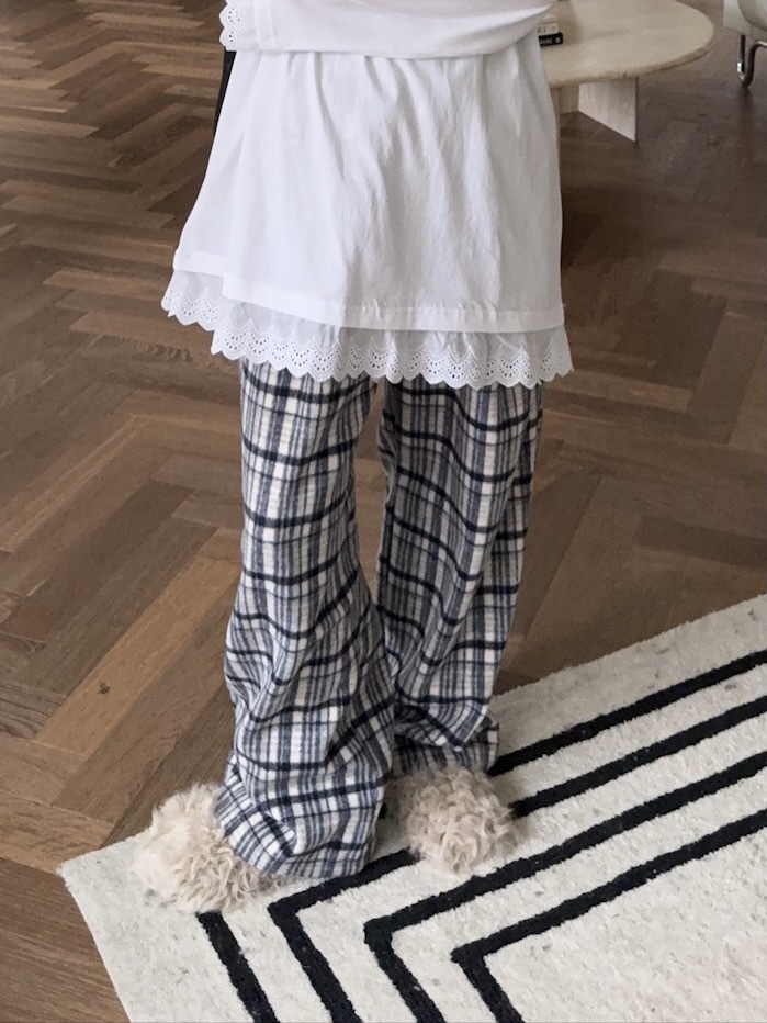 J09/ 格子外磨毛鬆緊縮口長褲