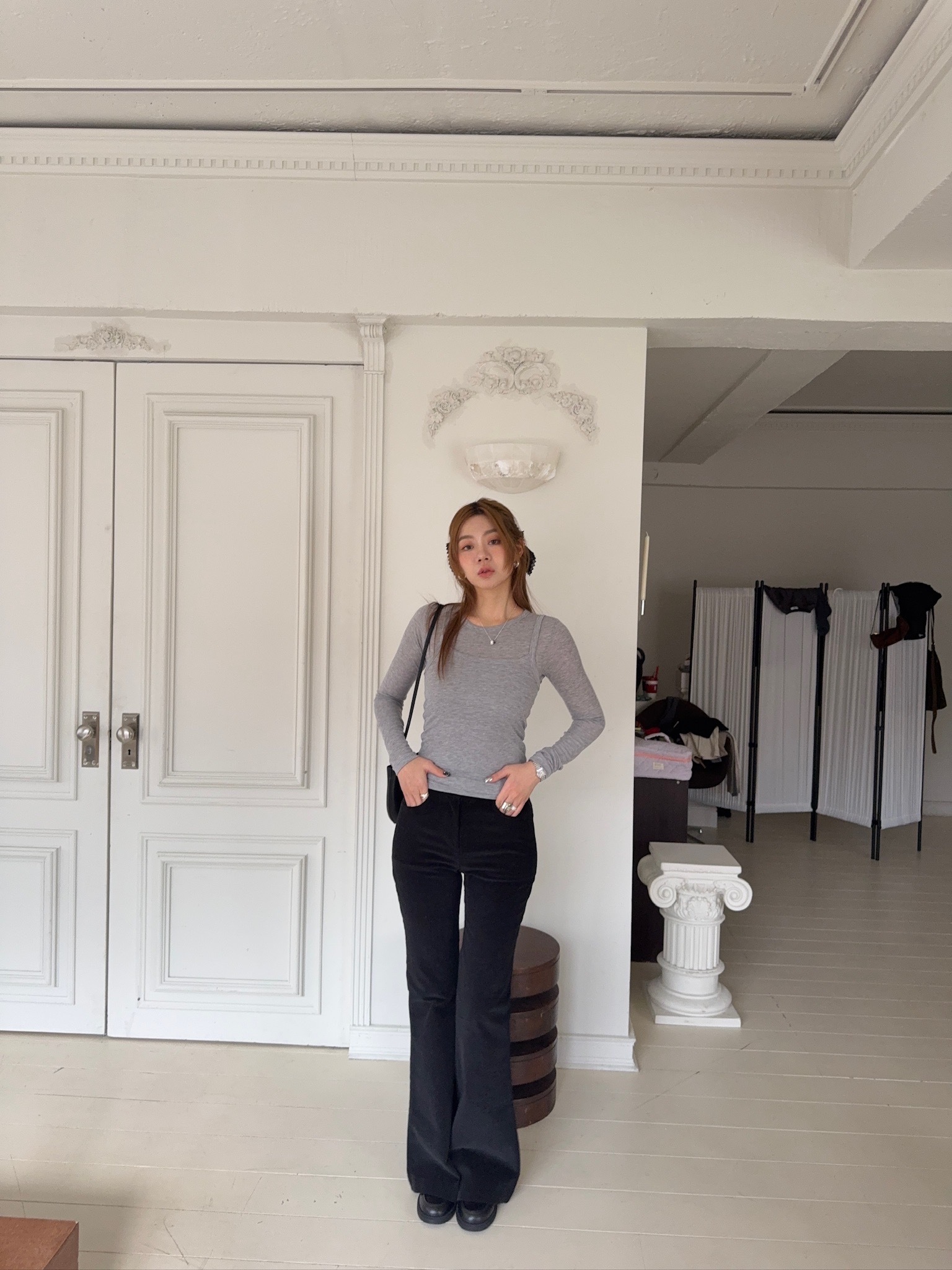 J02/ 坑條微喇叭歐膩褲