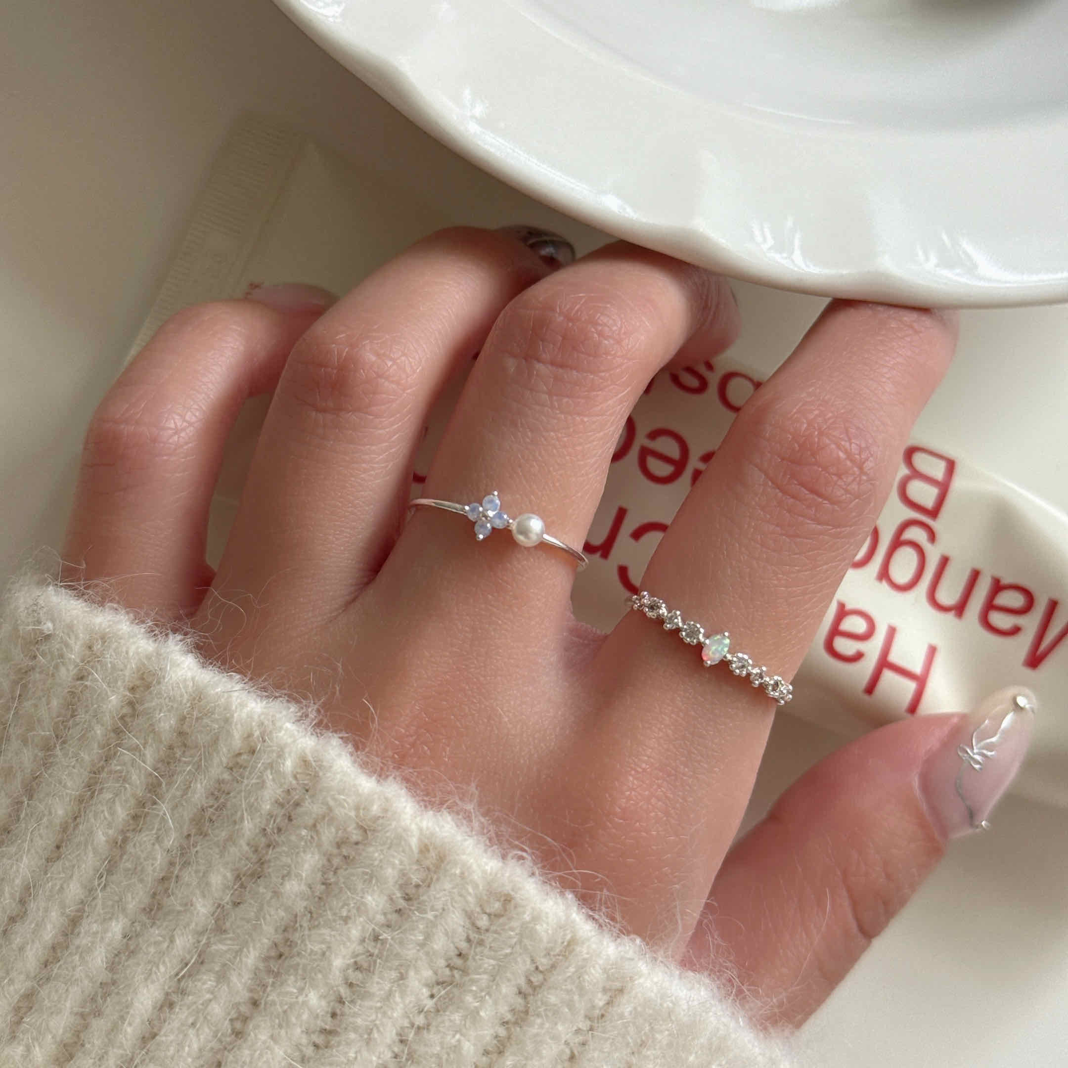 🇰🇷925 silver 粉紫小花珍珠戒指｜2 color