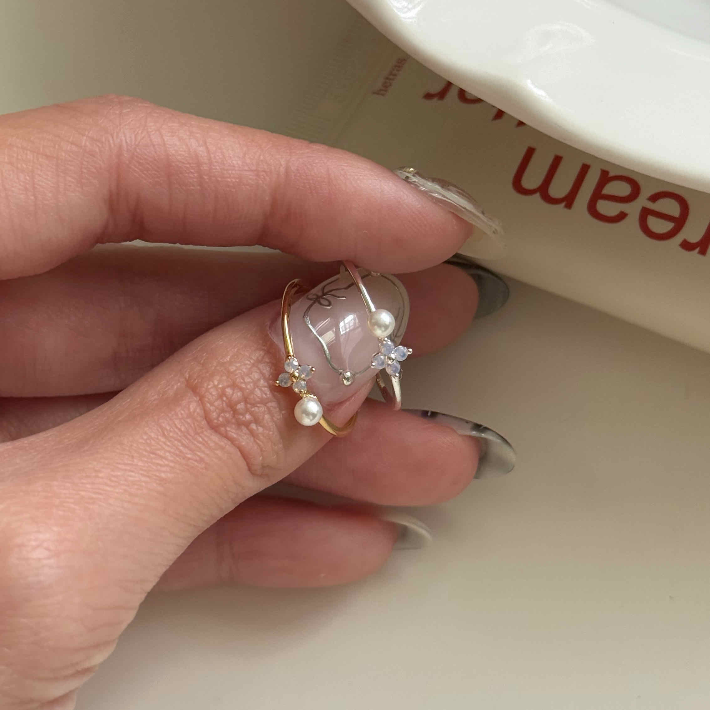 🇰🇷925 silver 粉紫小花珍珠戒指｜2 color