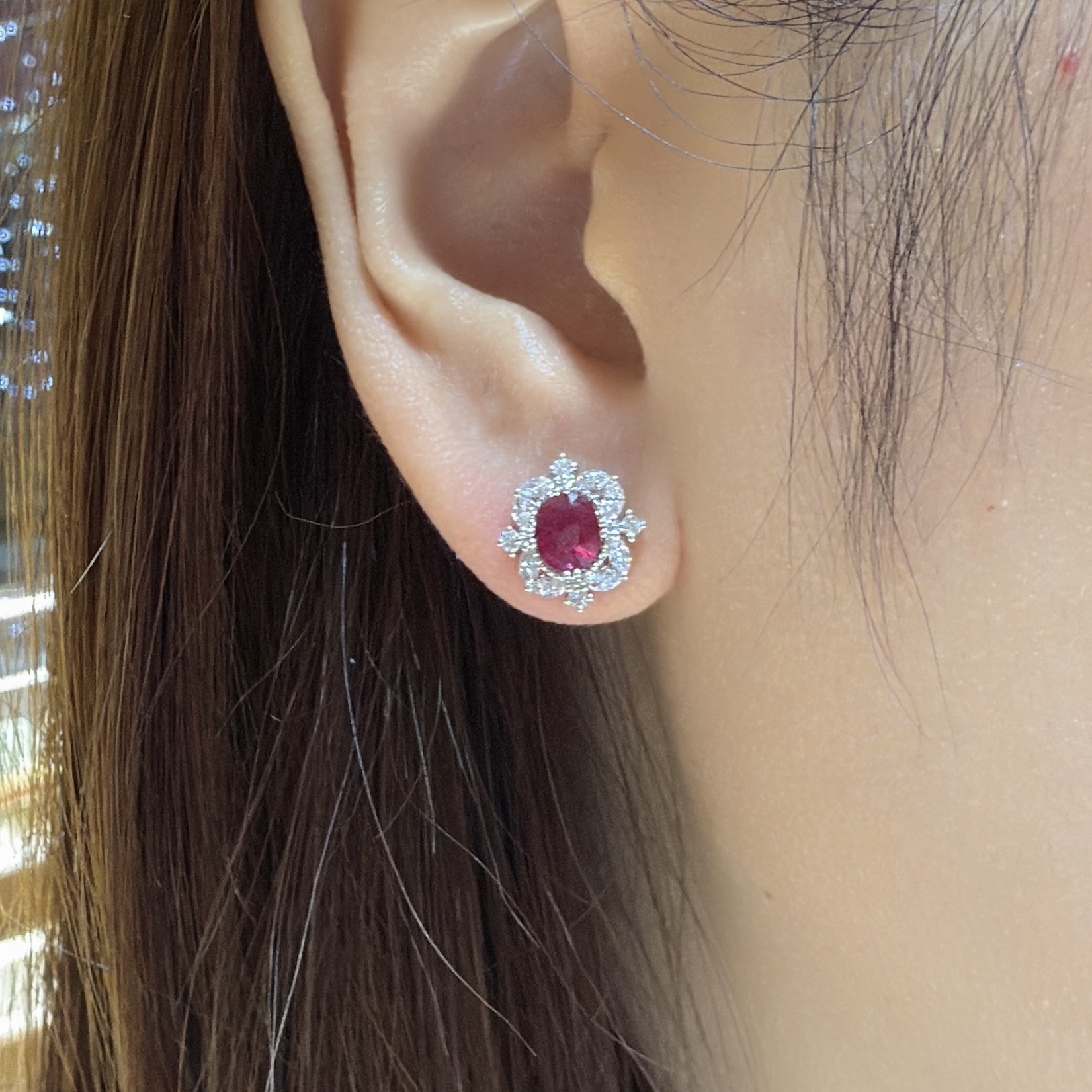 18K Gold Natural Ruby Earrings with Diamonds setting - Oval cut