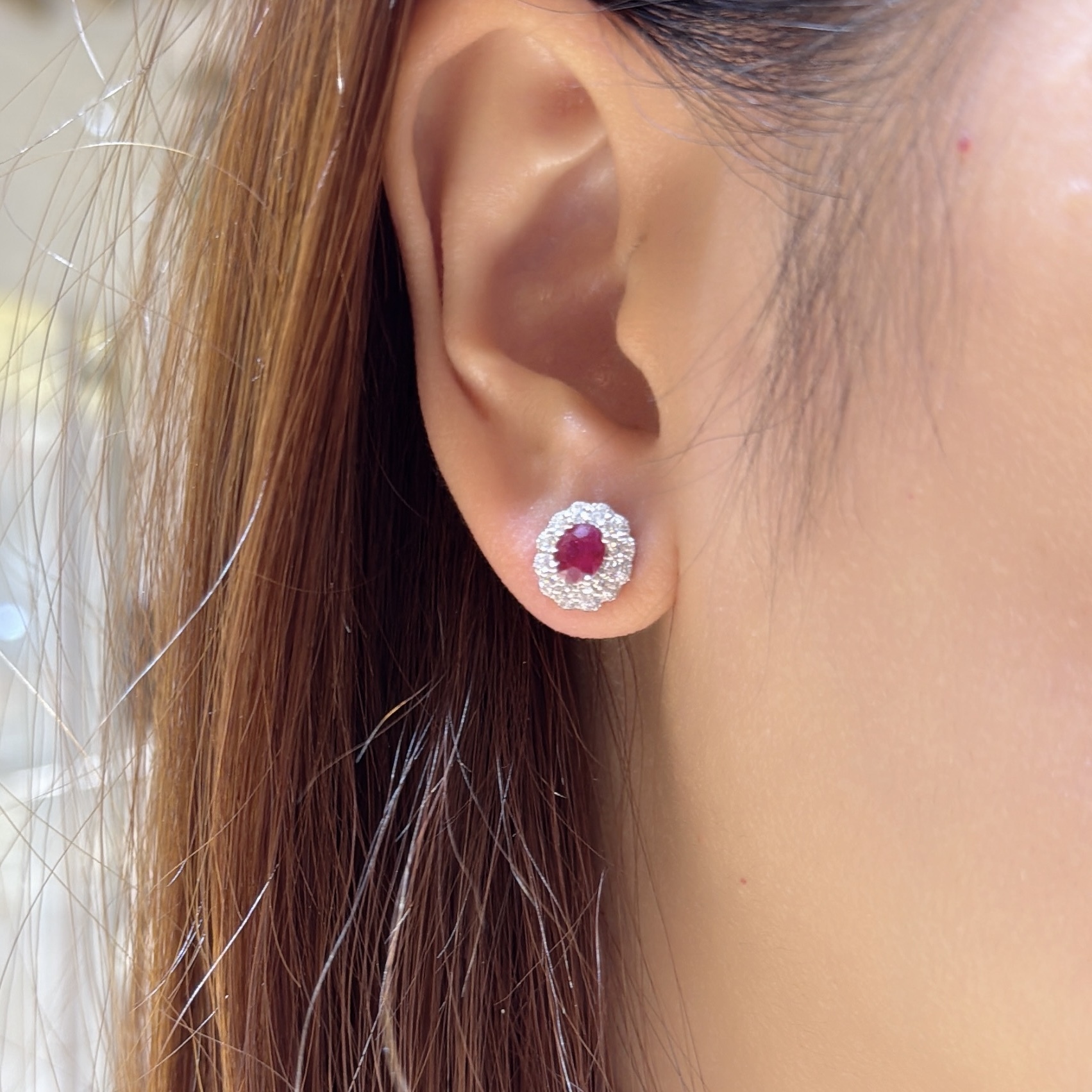 18K Gold Natural Ruby Earrings with Diamonds setting - Oval cut