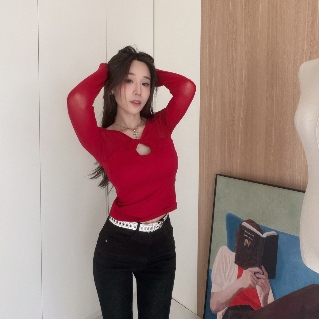 【微醺迷迷】DOMISS網紗透視感! 扭結上衣 長袖T恤-3色(現+預)