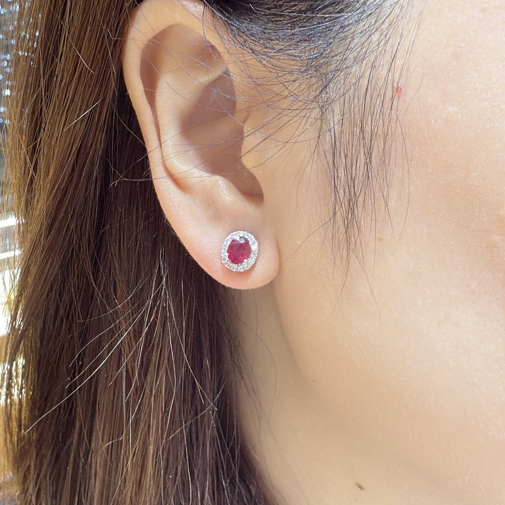 18K Gold Natural Ruby Earrings with Diamonds setting - Oval cut