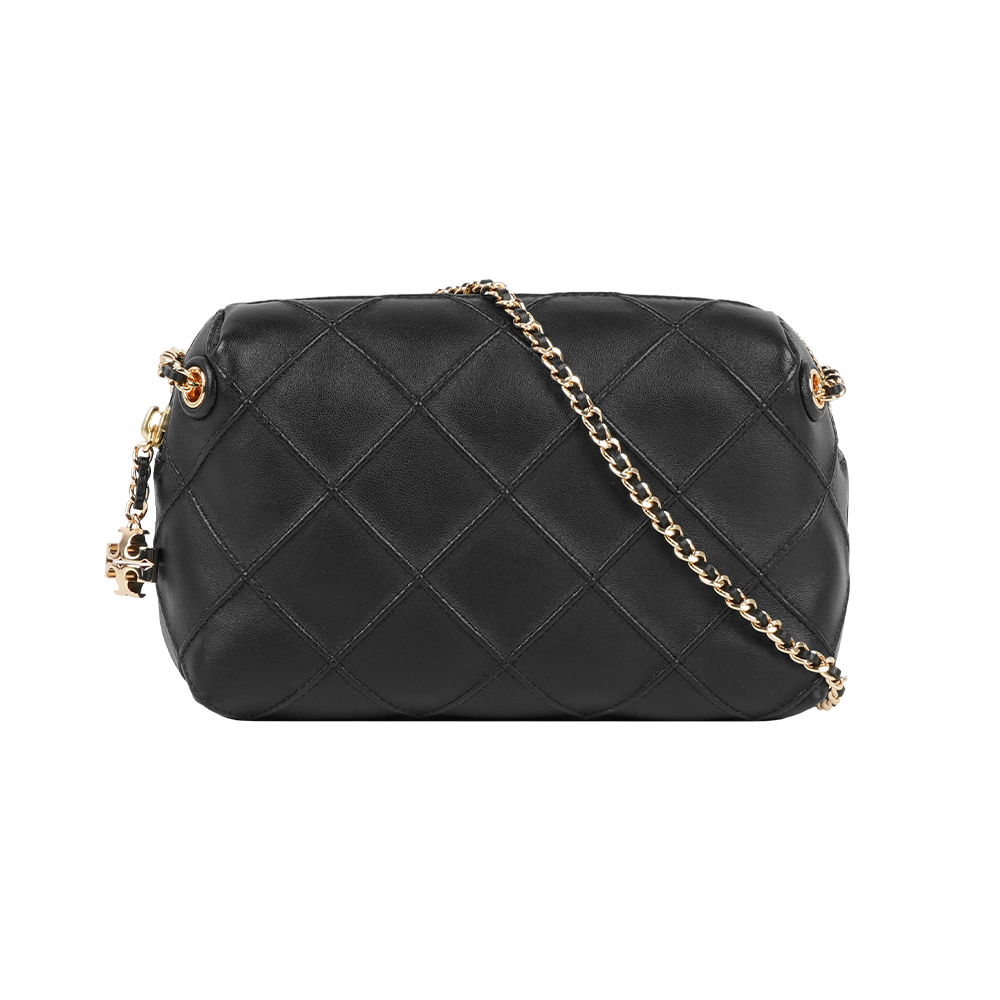 【Tory Burch】Fleming 縫線菱格紋迷你貝殼包(黑色)