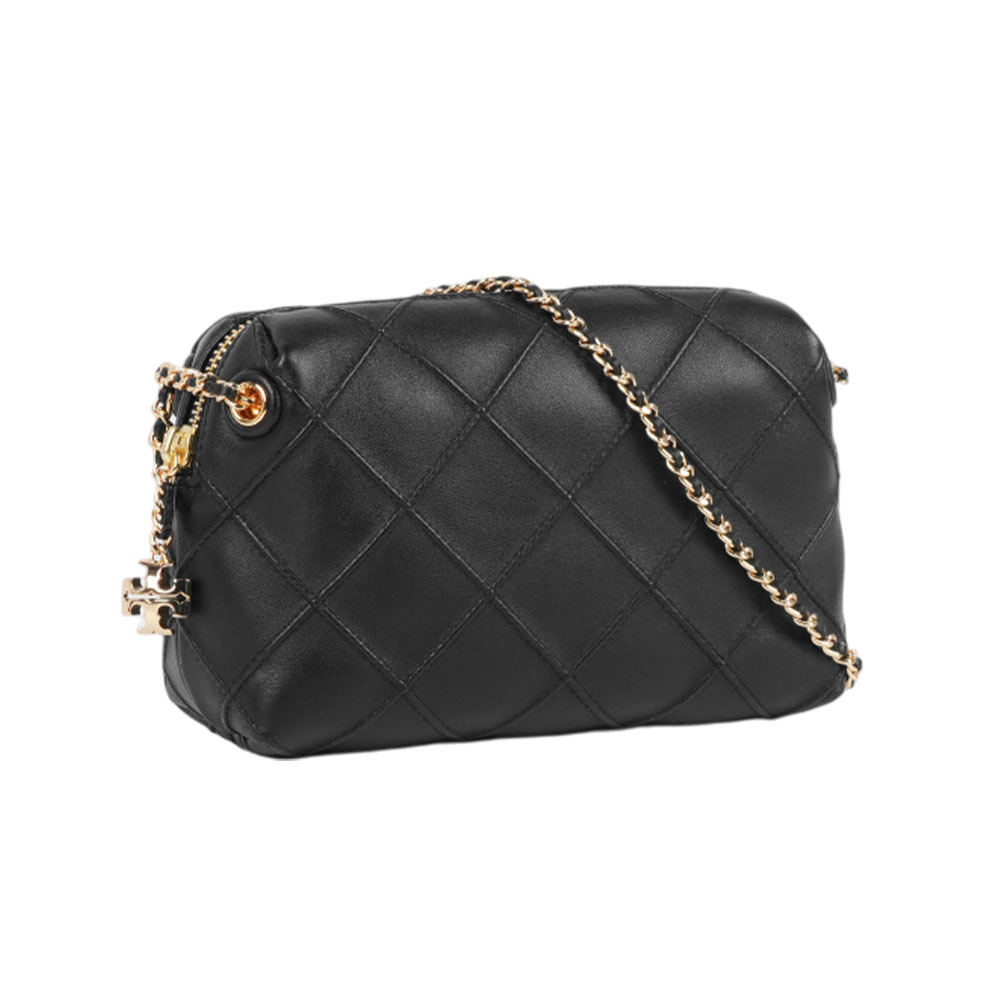 【Tory Burch】Fleming 縫線菱格紋迷你貝殼包(黑色)