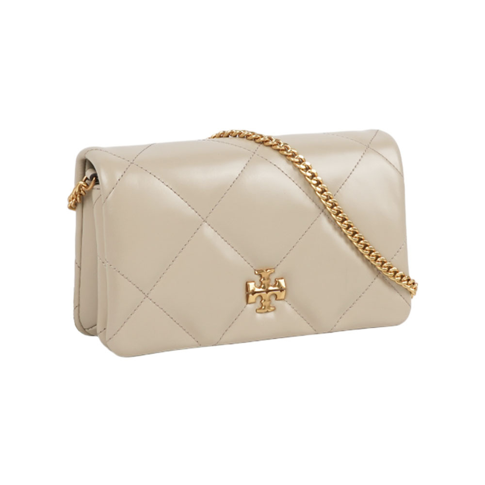 【Tory Burch】Kira 菱格紋縫線皮夾式鍊包/WOC(淺石色)