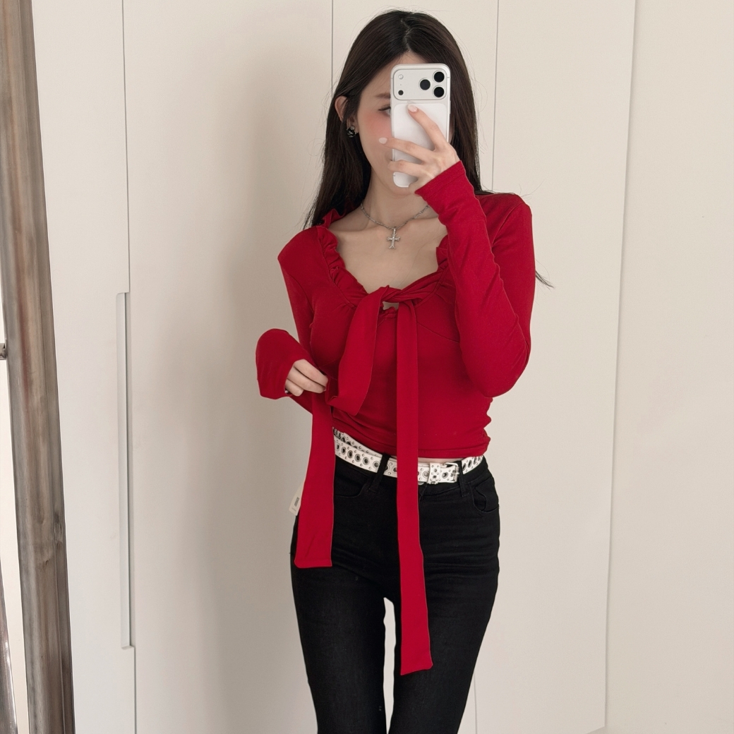 【新年禮物】DOMISS荷葉綁帶長袖上衣 性感上衣 新年穿搭(現+預)