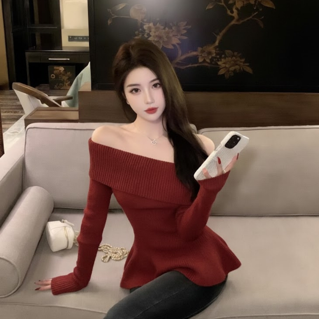 【冬日玫瑰】DOMISS翻領露肩魚尾下擺針織毛衣 顯瘦毛衣(現貨)