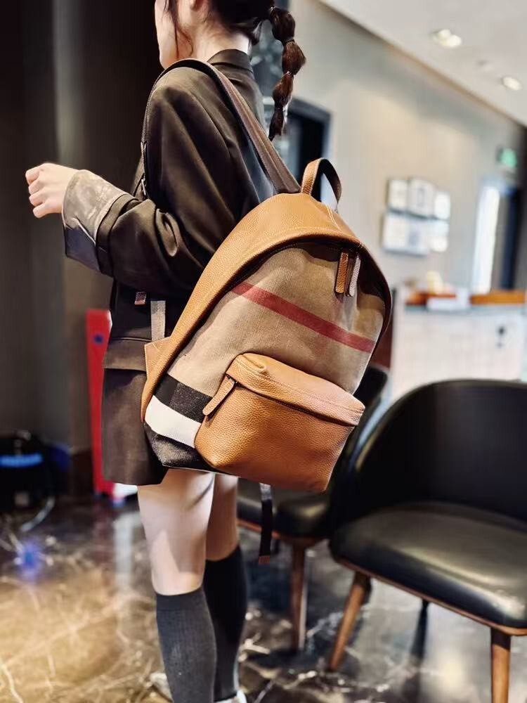 824040【格紋系列-拼接牛皮大容量後背包】