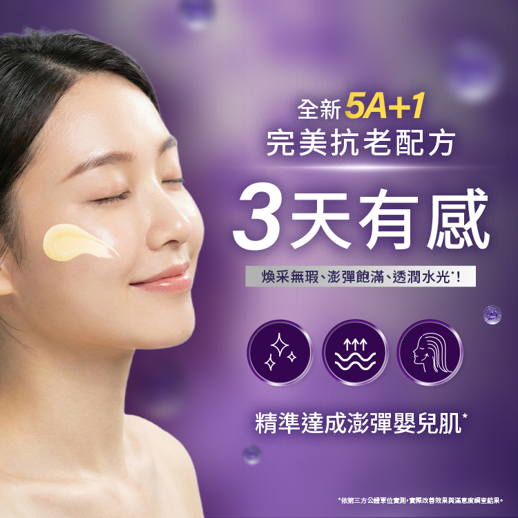 全新5A+1完美抗老配方，3天有感，煥彩無暇、澎亮飽滿、透潤水光，精準達成澎彈嬰兒肌。