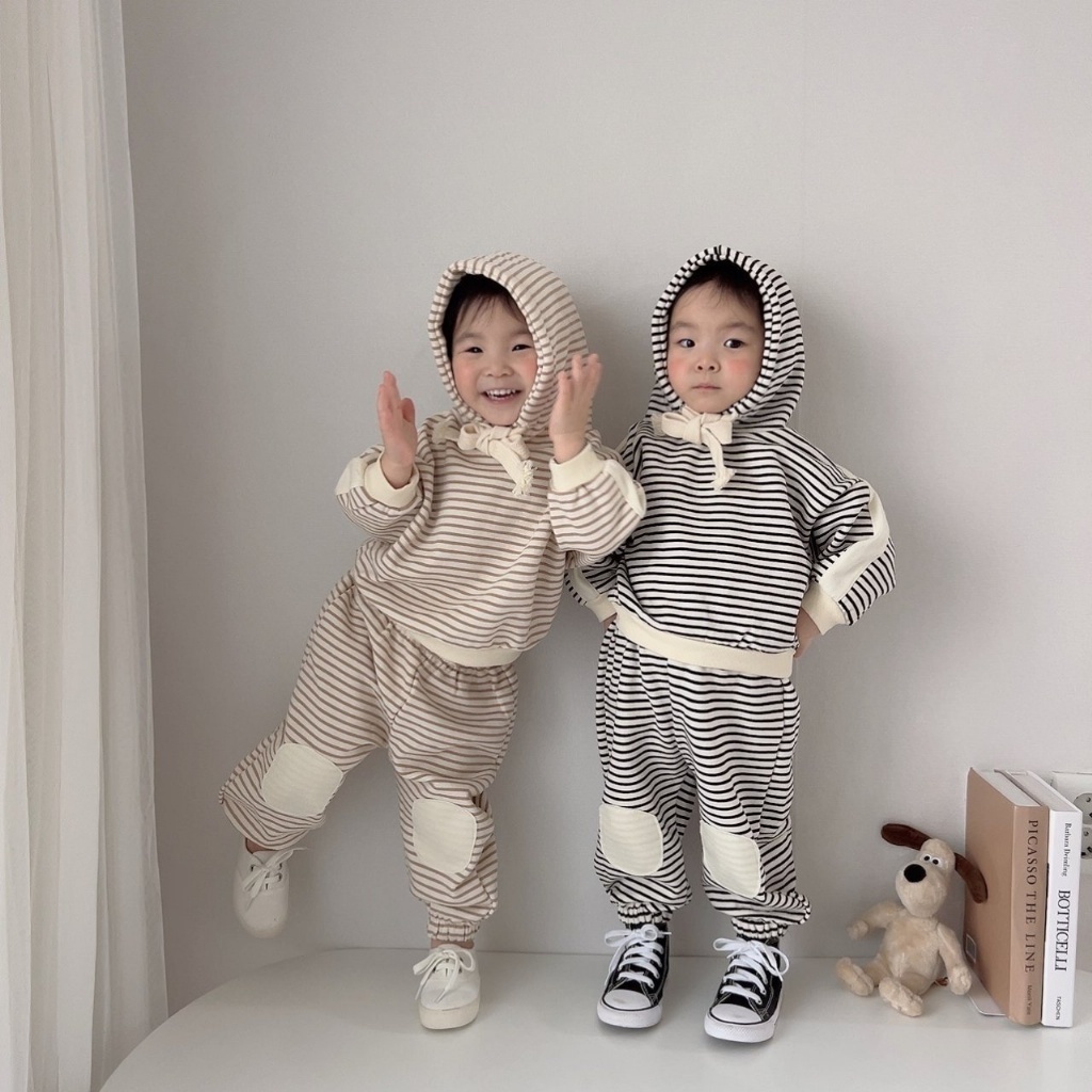 韓國🇰🇷Moran 條紋補丁連帽套裝(S-XL)