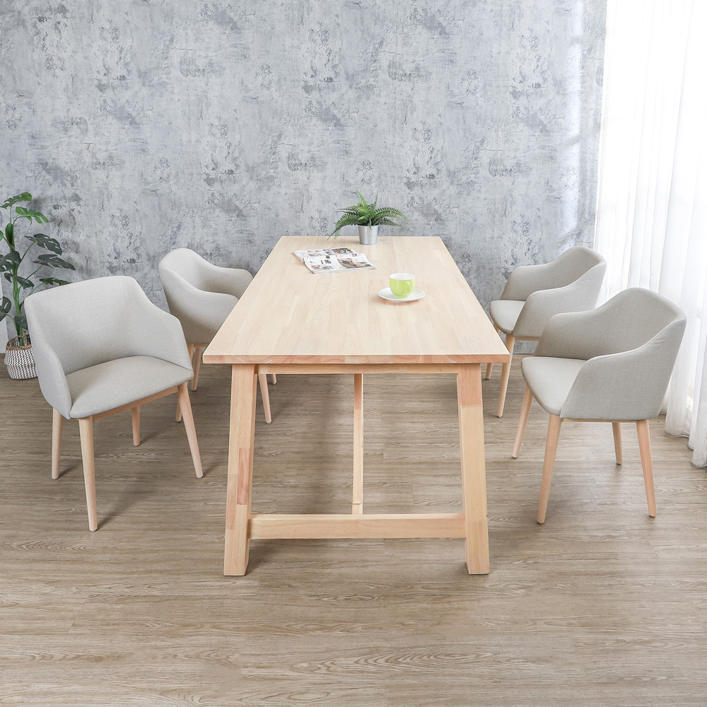 菲利6尺實木餐桌+荷頓米灰色布紋皮革扶手實木餐椅組合(一桌四椅)