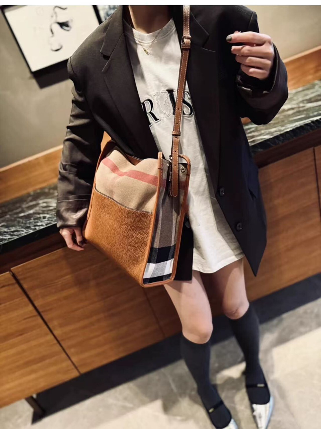 824049【格紋系列-拼接牛皮托特-附同款內包】