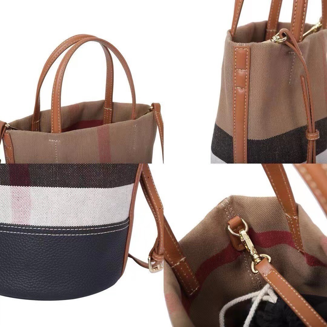 11093【日系格紋帆布拼牛皮水桶包】