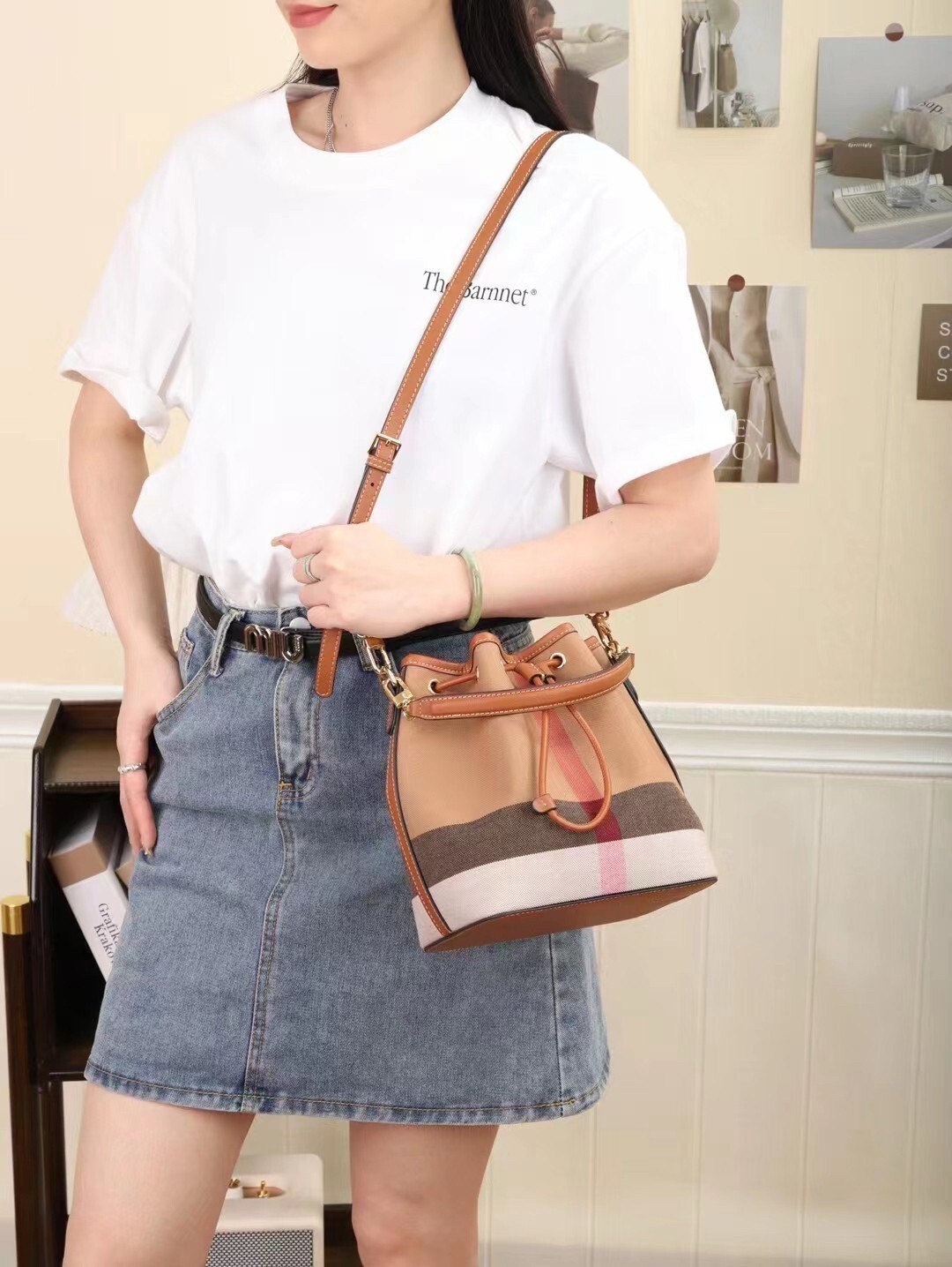 00014【格紋織布牛皮水桶包】