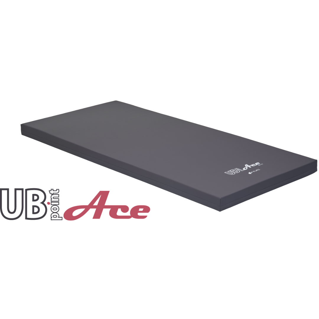 Platz UB point Ace 護理床專用床褥,採用深灰色設計,外觀平坦簡約,適合搭配電動護理床使用。床褥表面印有 UB point Ace 標誌,專為長者護理及醫療用途設計。這款透氣床褥有助分散壓力,適合居家安老或療養院舍使用,提供舒適的睡眠承托。