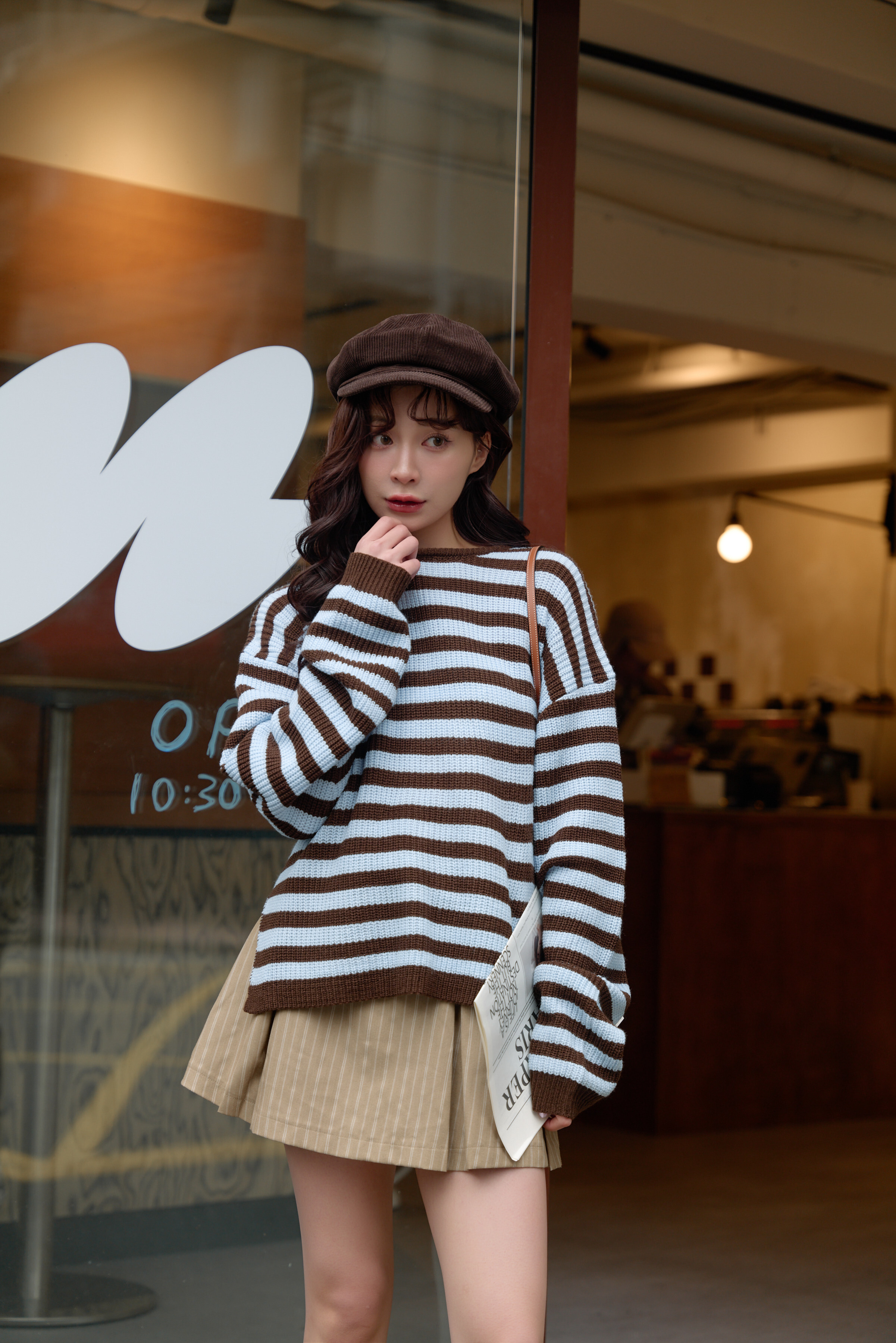 Gmade/雙餡夾心寬鬆條紋粗針織毛衣-薄荷可可