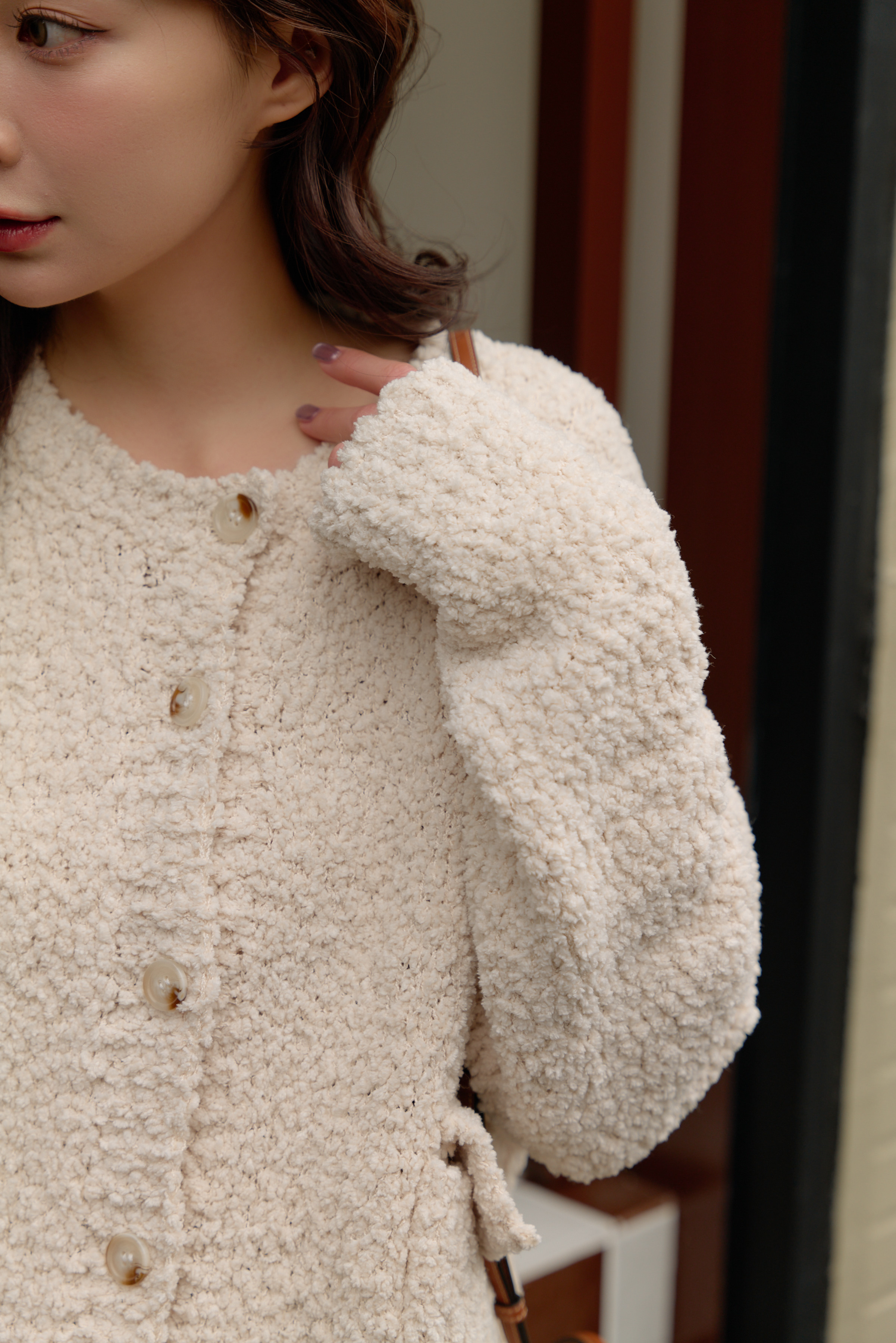 Gmade/Q 絨豆豆紗雙口袋針織開襟外套-米白