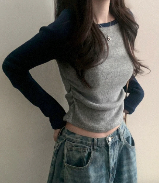 秋冬預訂｜抓絨撞色插肩袖褶皺長袖針織衫