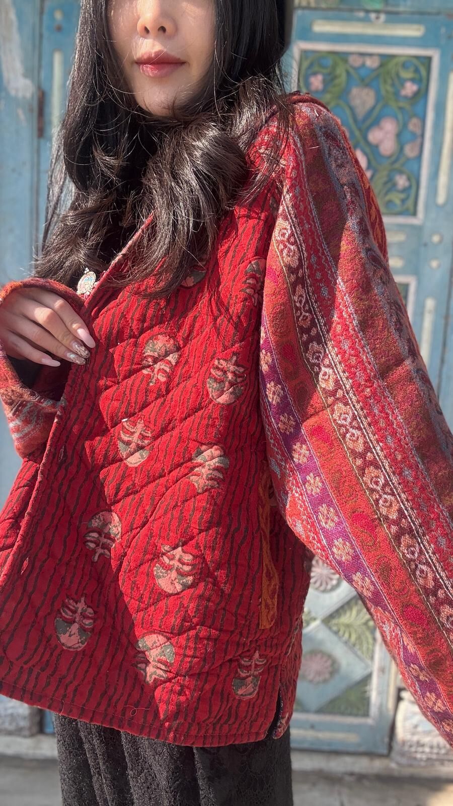 Macrame blockprint棉襖連帽外套 - M3842Q (紅色)