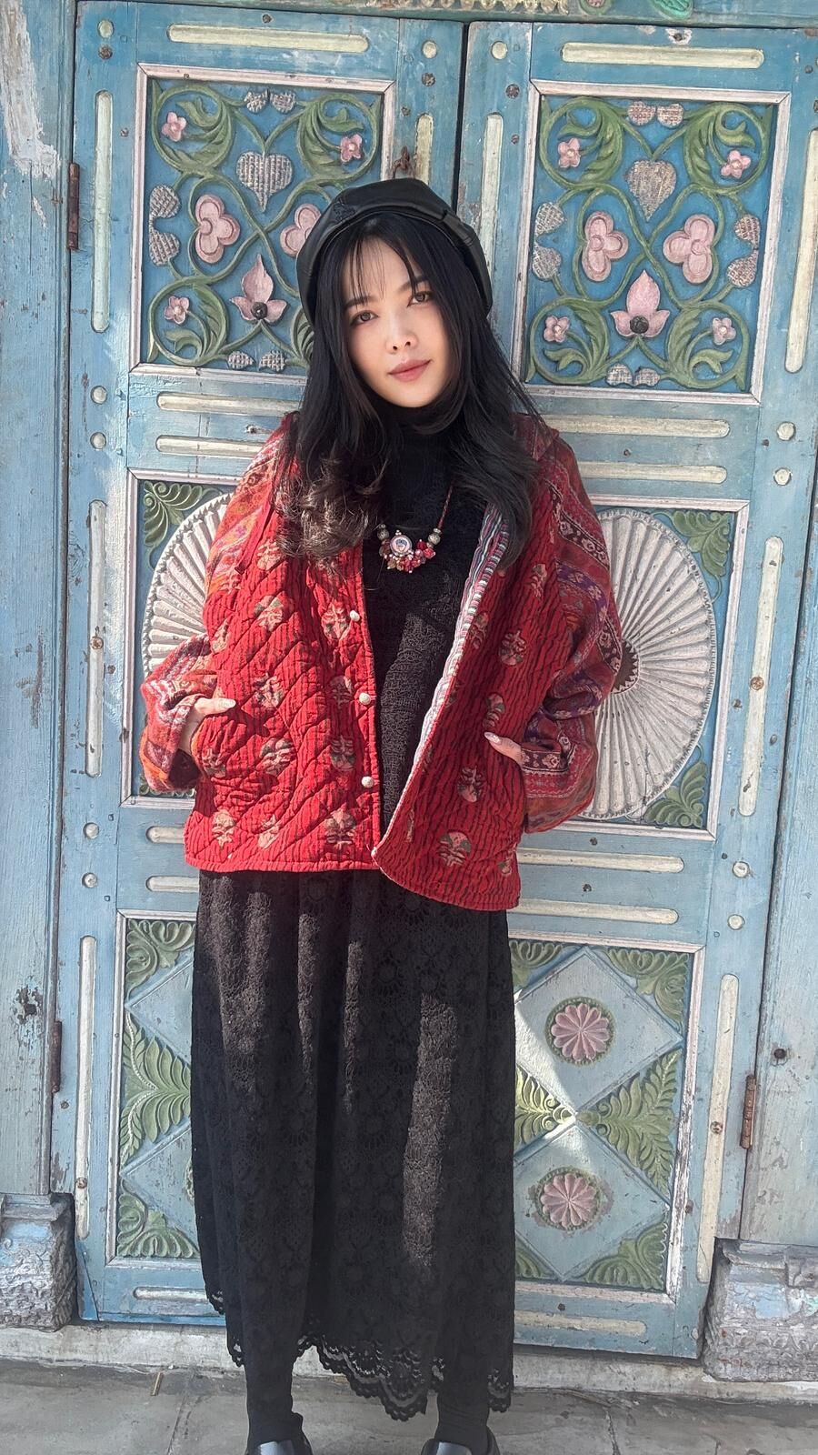 Macrame blockprint棉襖連帽外套 - M3842Q (紅色)