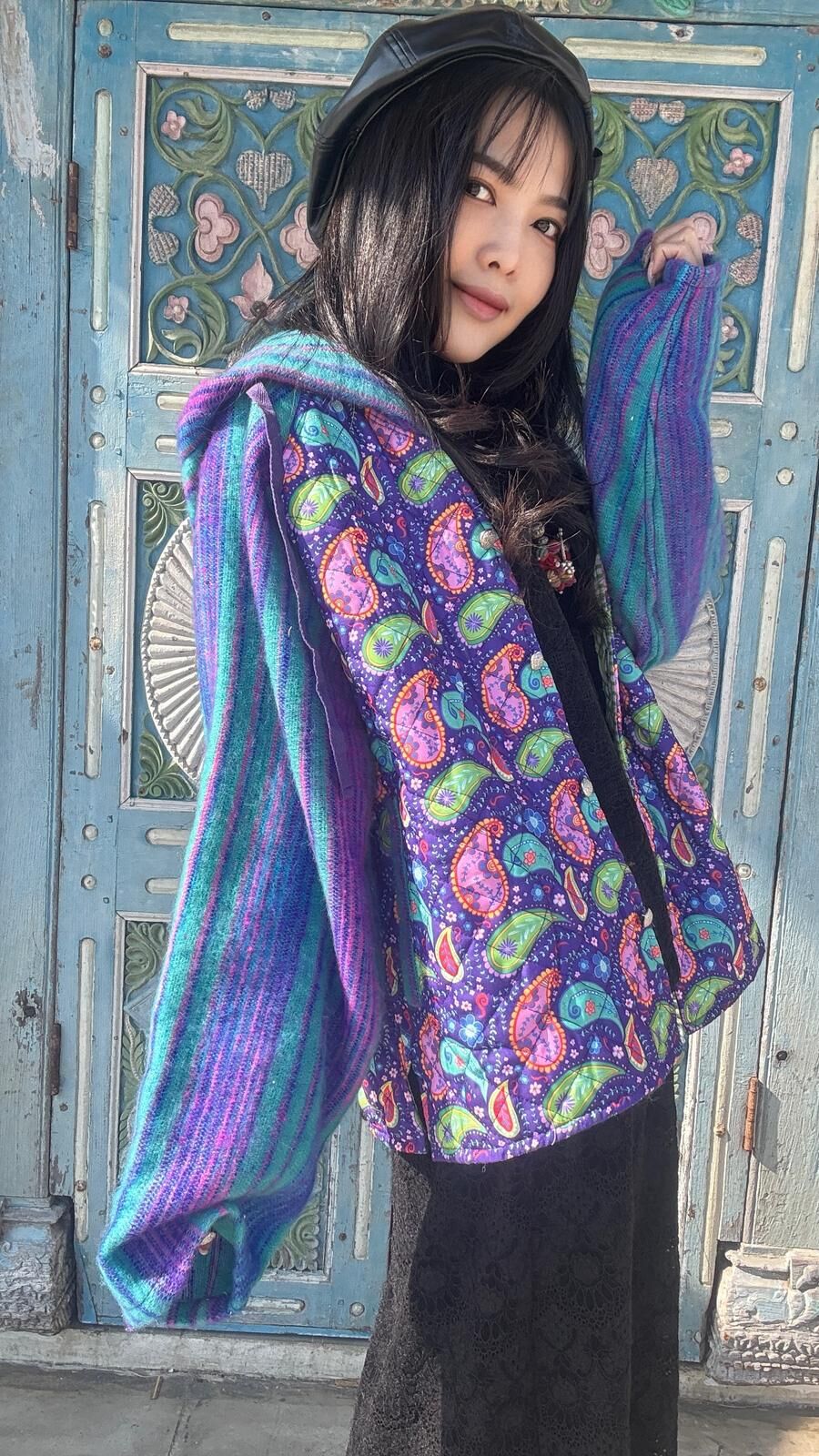 Macrame blockprint棉襖連帽外套 - M3842Q (藍紫色)