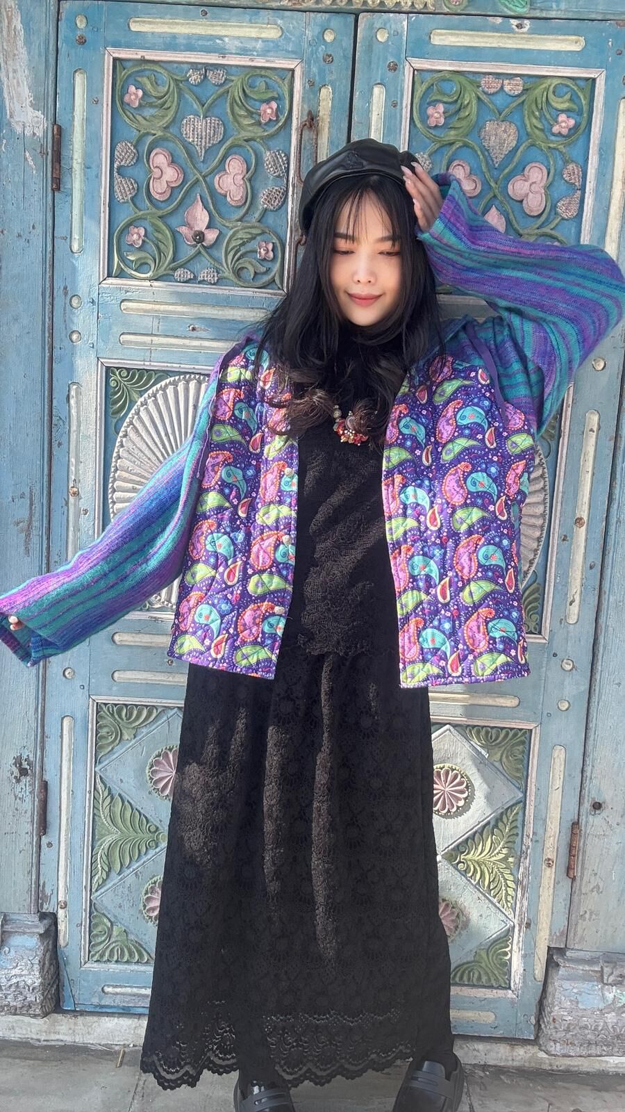 Macrame blockprint棉襖連帽外套 - M3842Q (藍紫色)