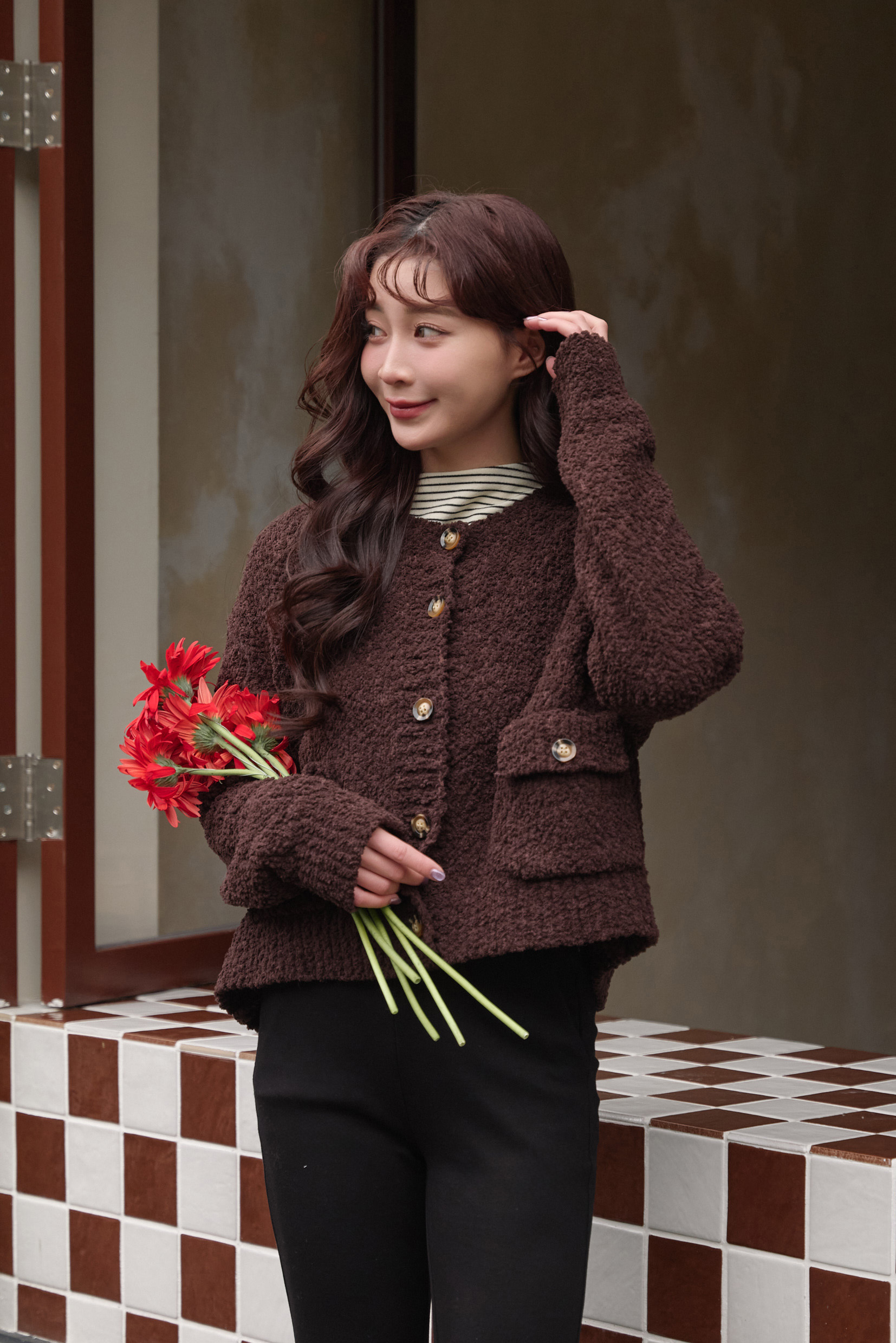 Gmade/Q 絨豆豆紗雙口袋針織開襟外套-深棕