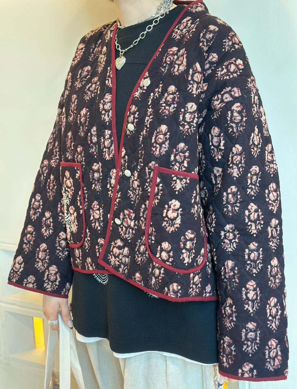 Macrame 低調懷舊花blockprint薄棉襖外套 - M3209Q