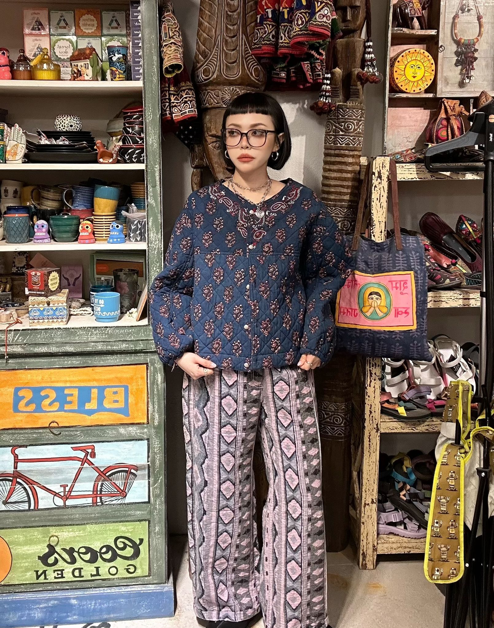 Macrame 低調懷舊花blockprint薄棉襖外套 - M3827Q (藍色)